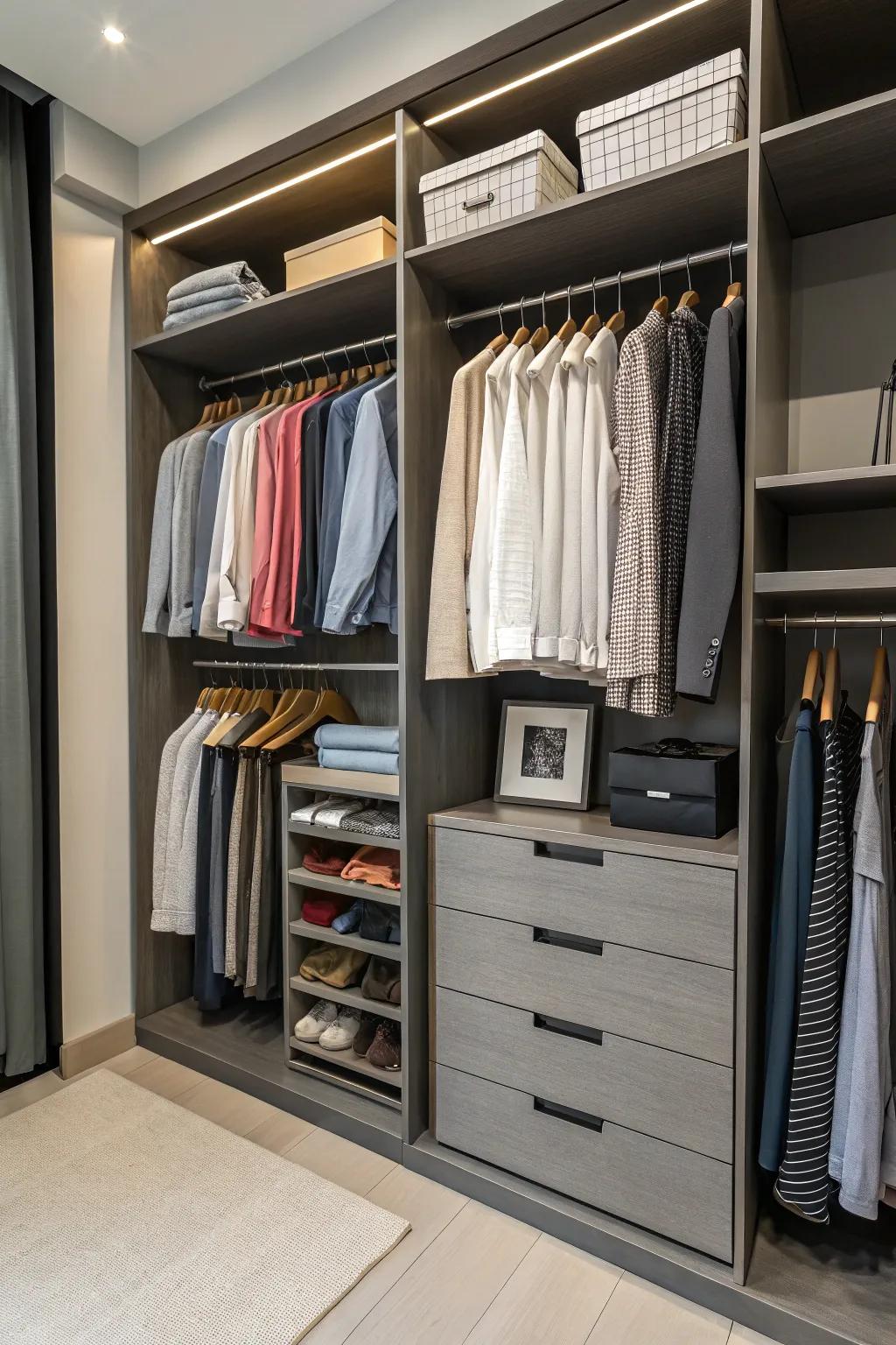 Wardrobe-extending hangers are vital for maximizing hanging space.