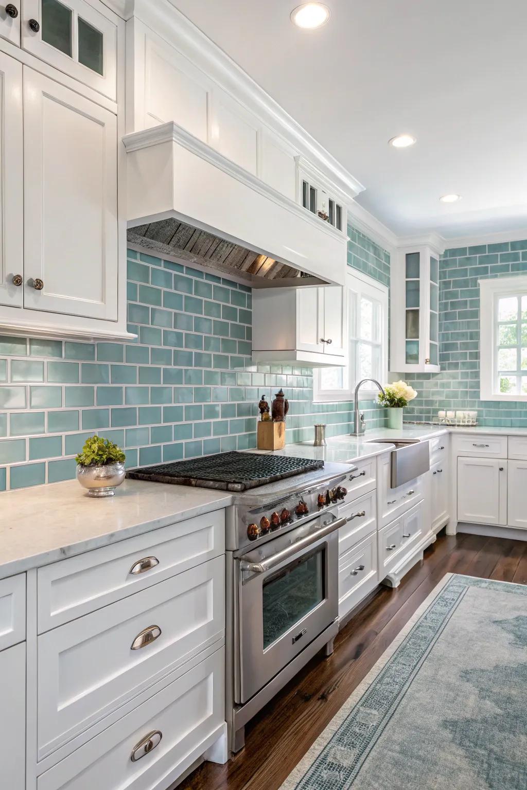 Subway tiles in sea hues add a fresh coastal twist.