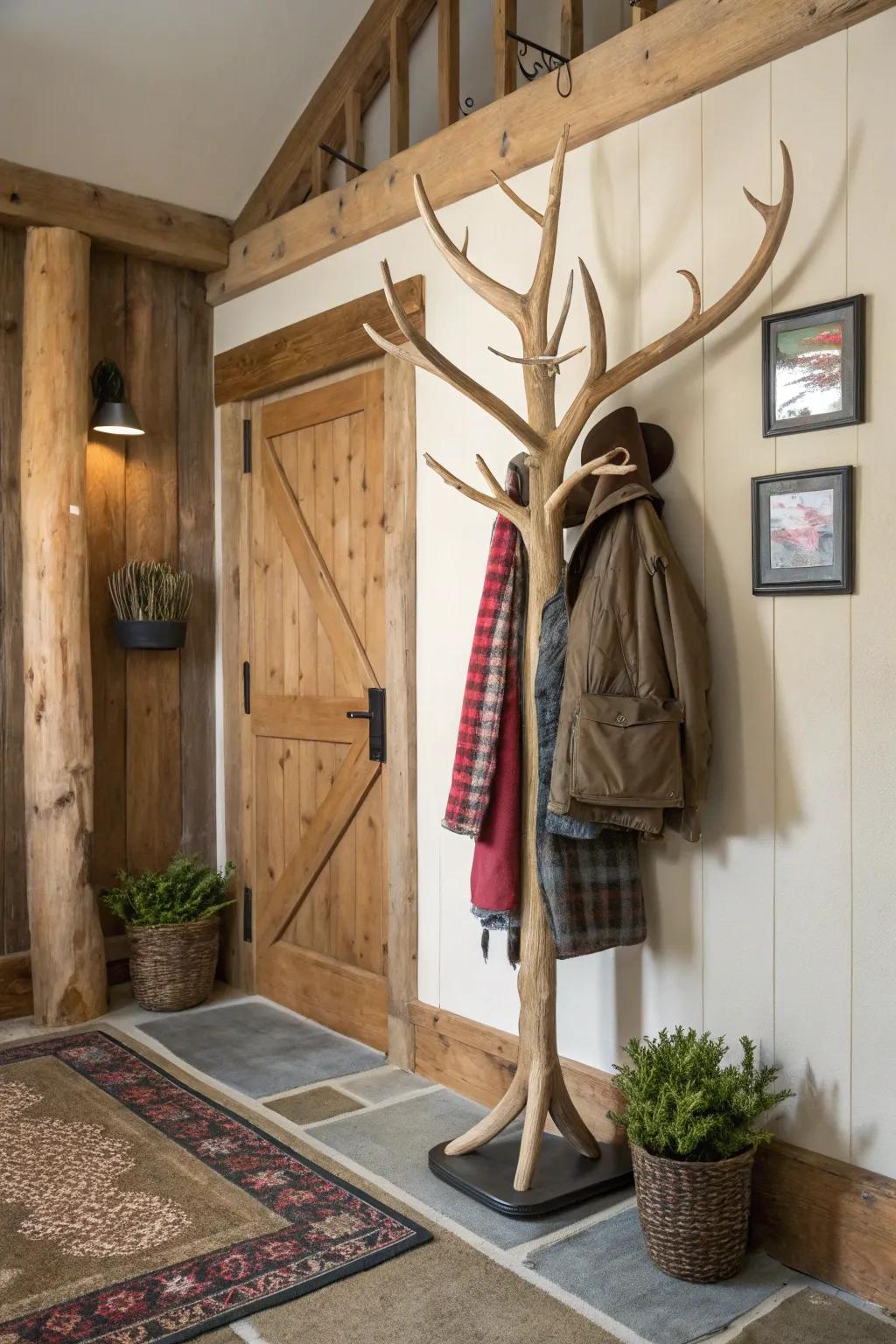 A whimsical simulated antler coat rack that introduces a playful element to country-style aesthetic.