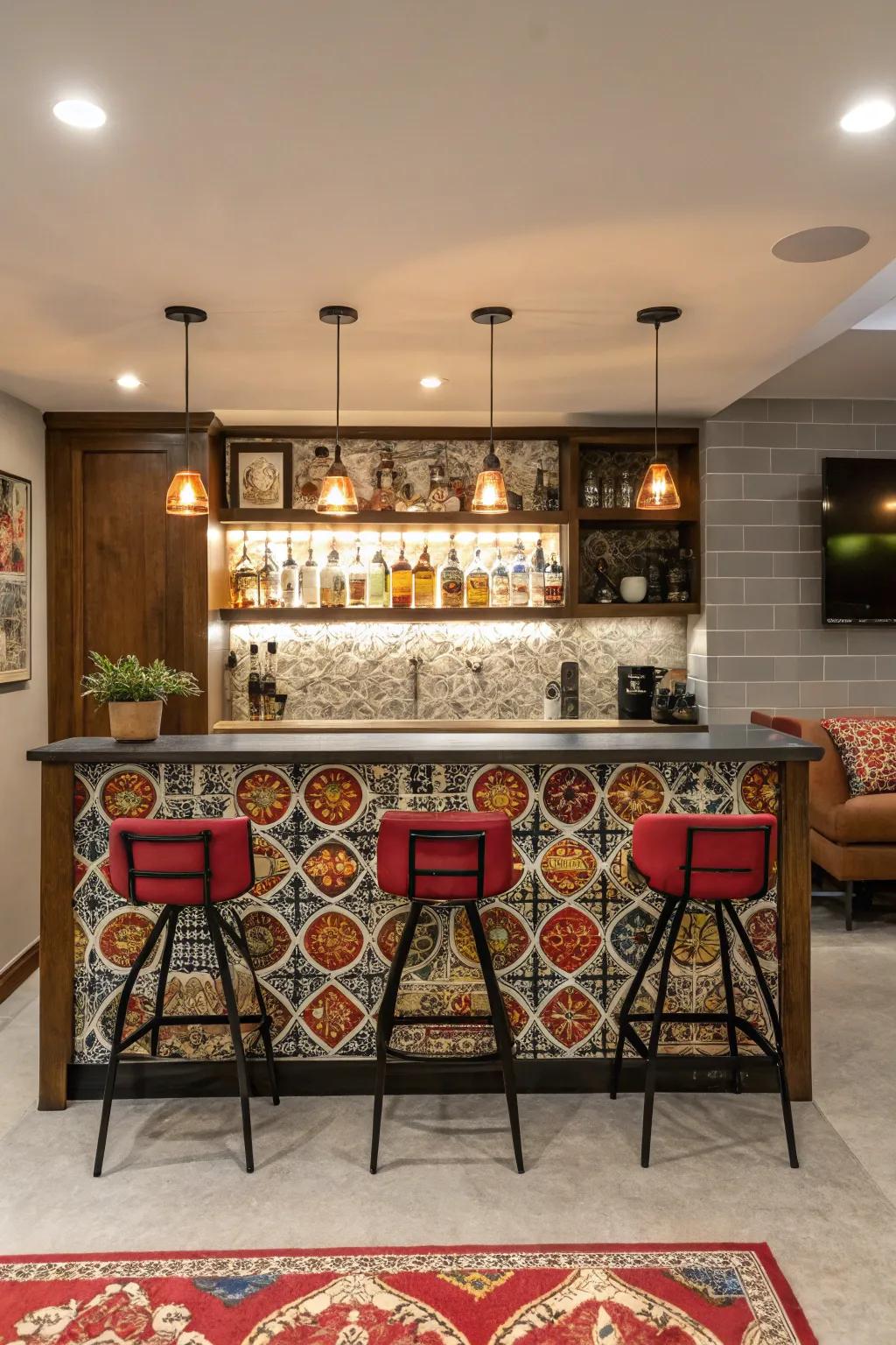 A show-stopping backsplash can transform your bar area.