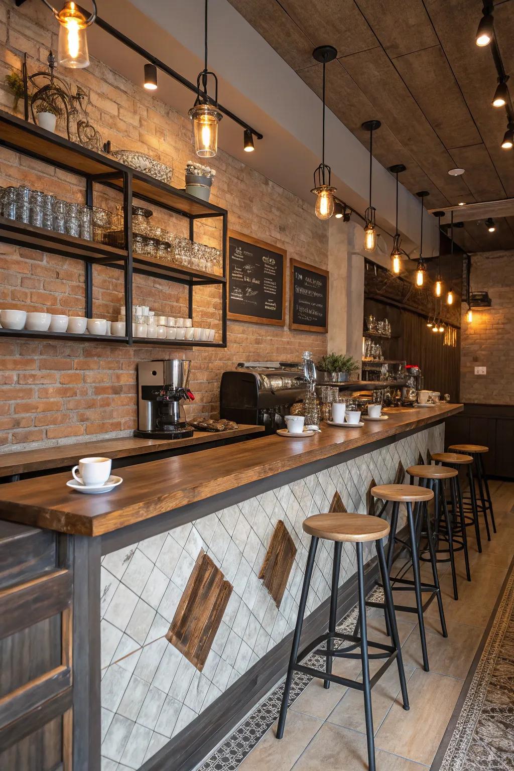 A dynamic mix of textures in the coffee bar.