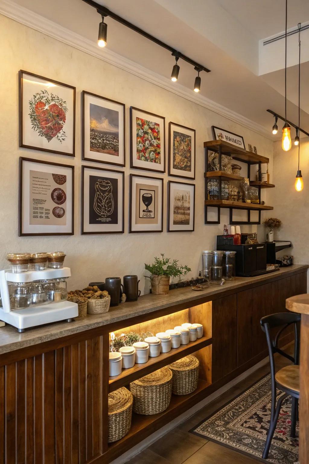 A gallery wall adds character and flair to your coffee corner.