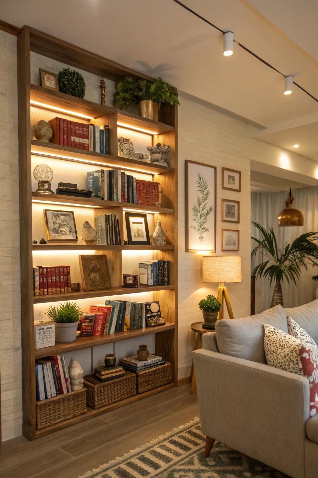Inventive wall shelving showcasing books and personal keepsakes.