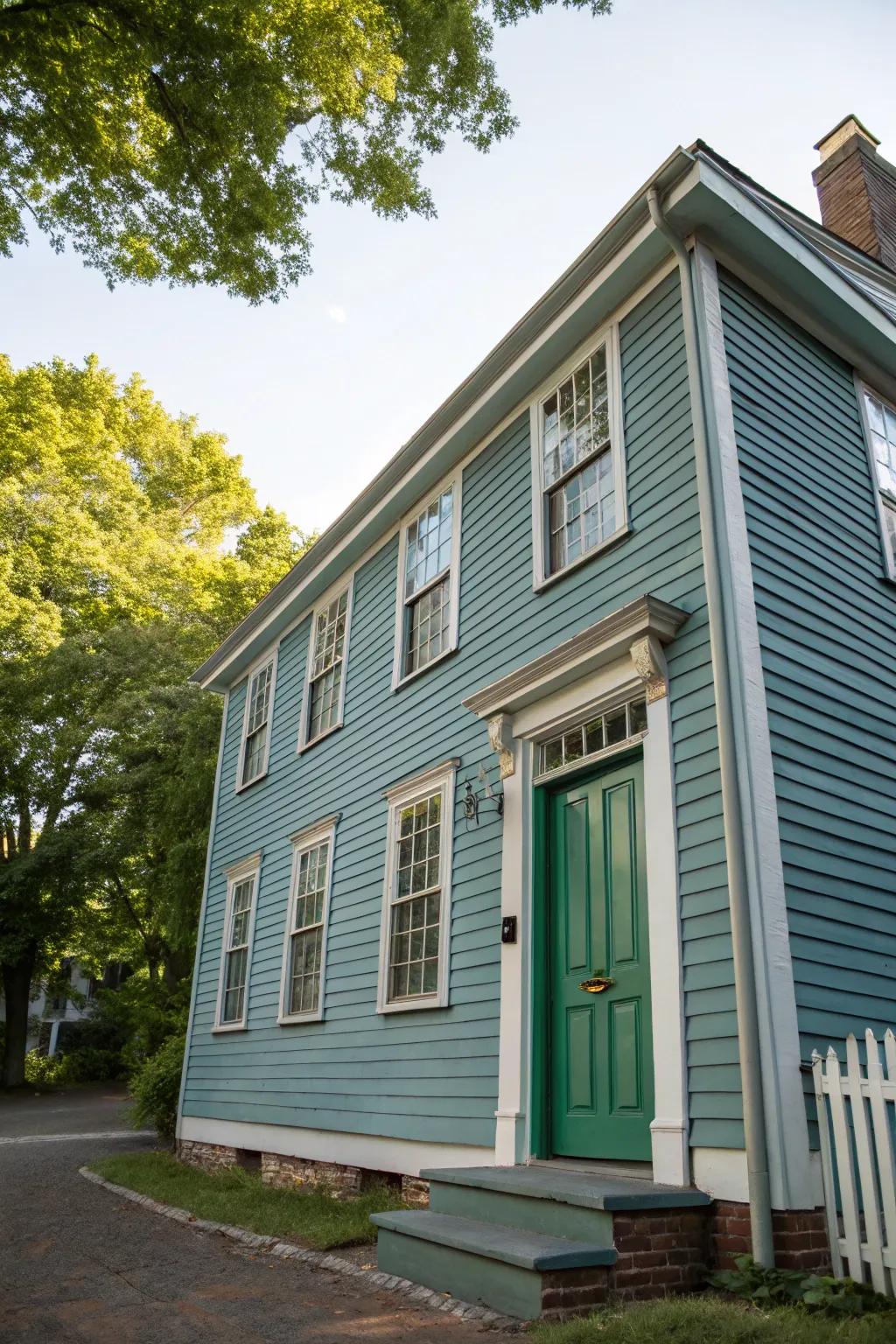A serene colonial house with slate-blue siding and a striking verdant entrance.