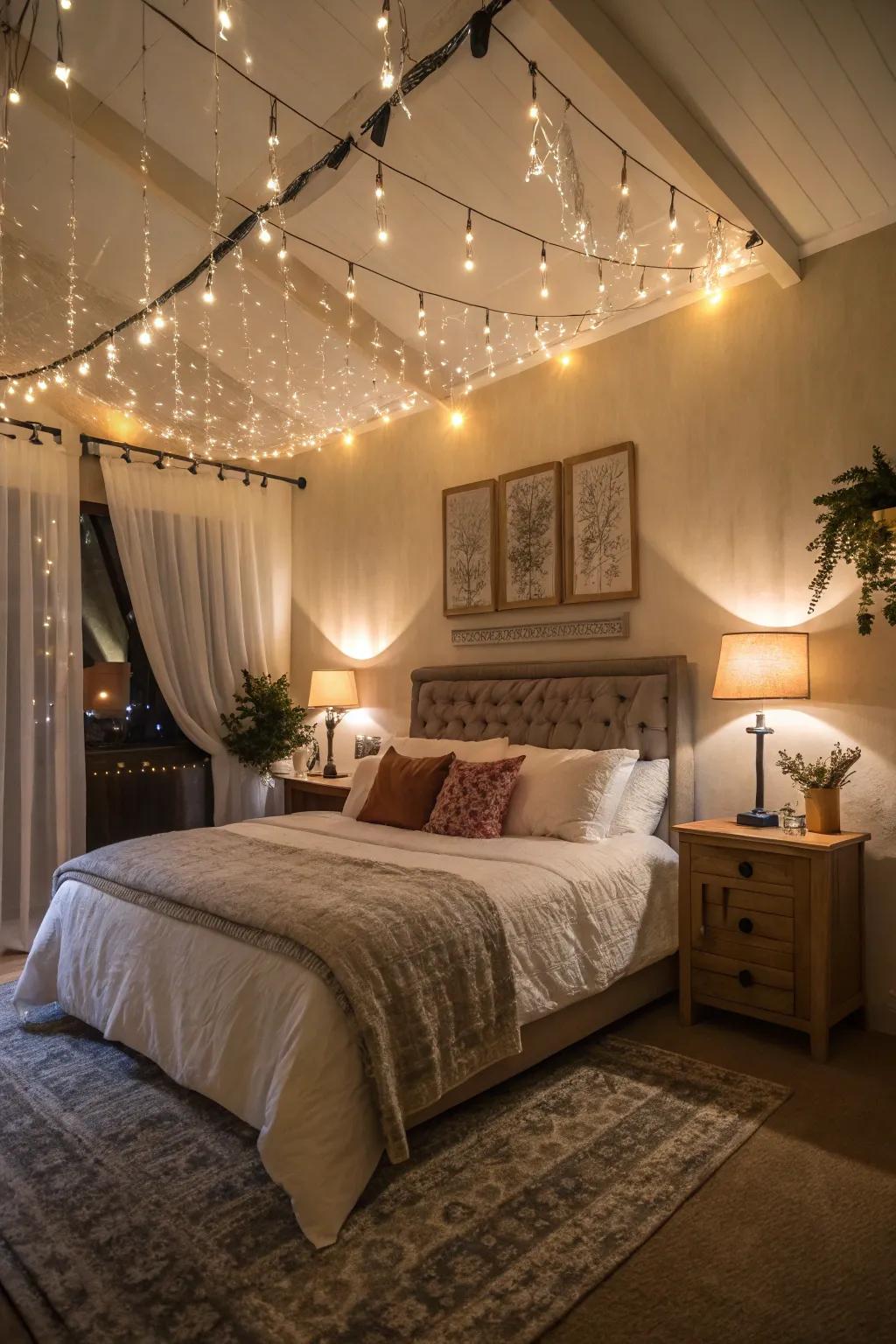 Layered lighting sets the mood and adds depth to this color-drenched bedroom.