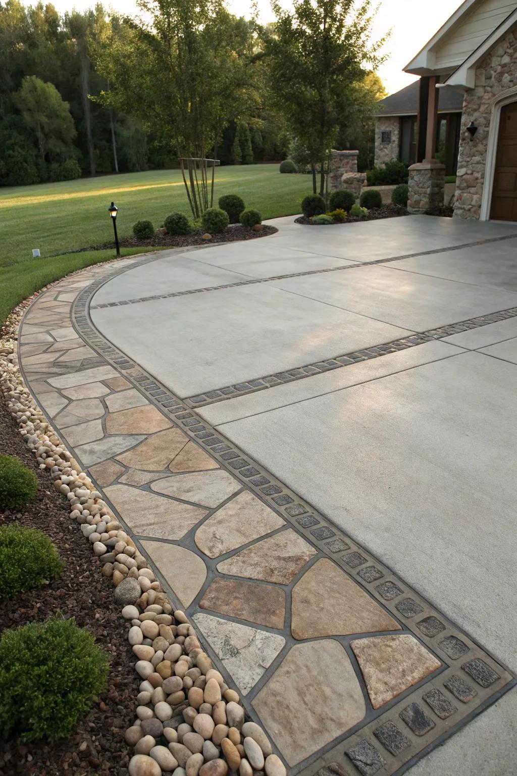 A driveway creatively combining concrete and stone for texture.