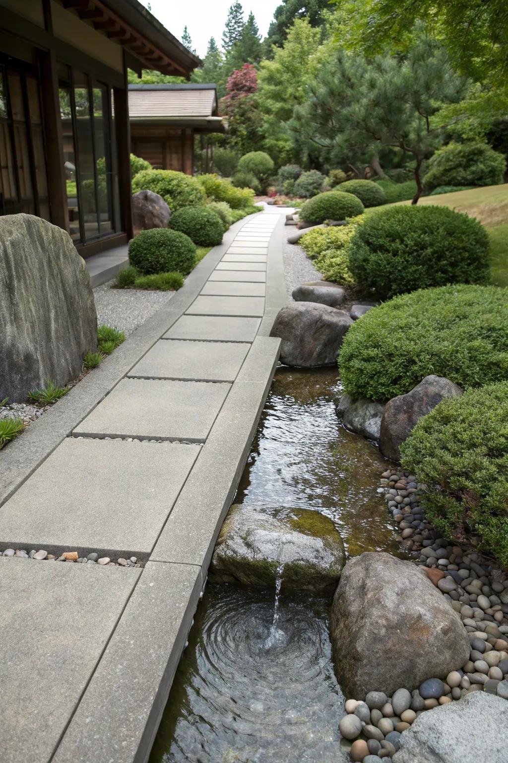 Water features inject serenity into concrete walkways.