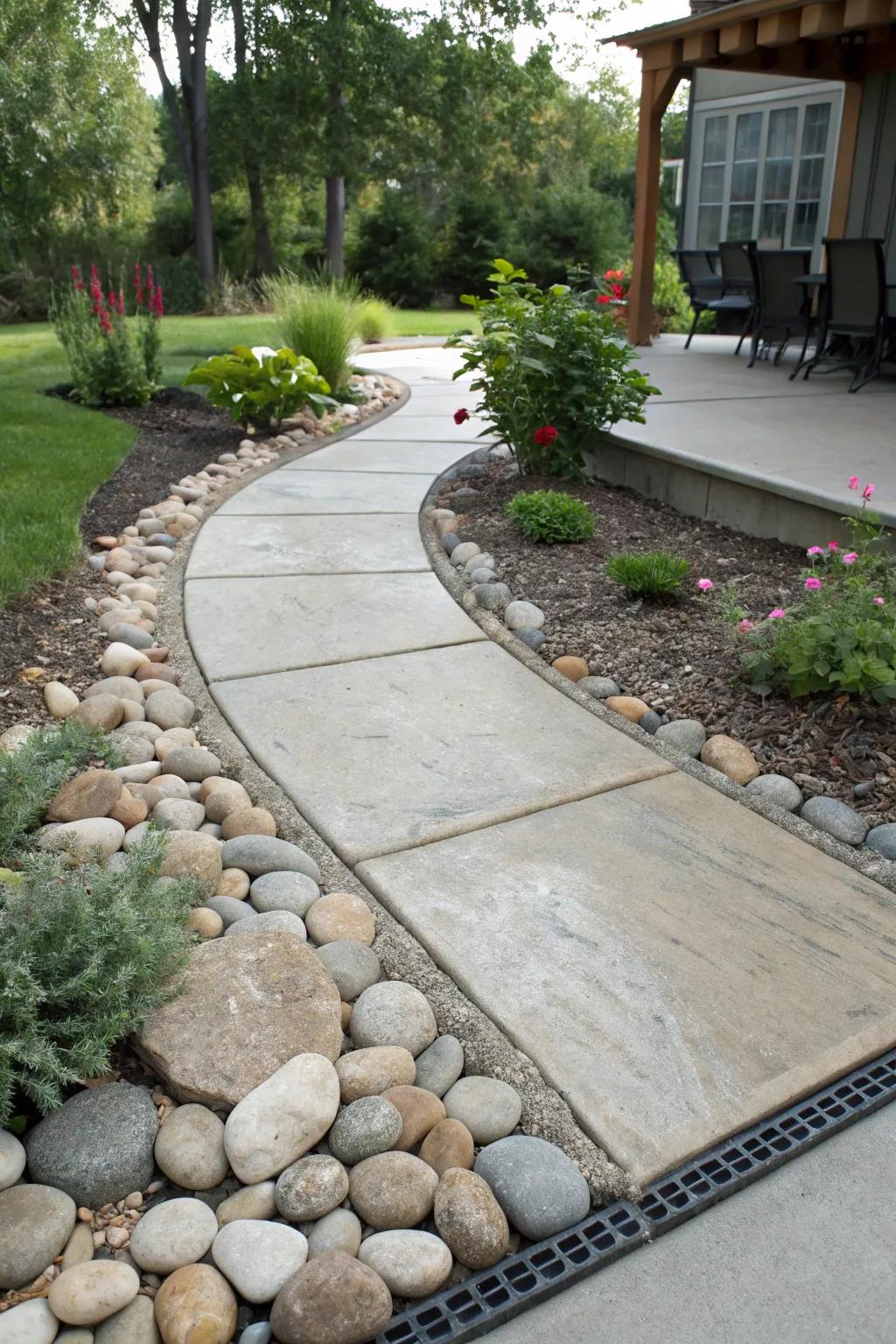 Pebble pathways add a natural and relaxed border to patios.