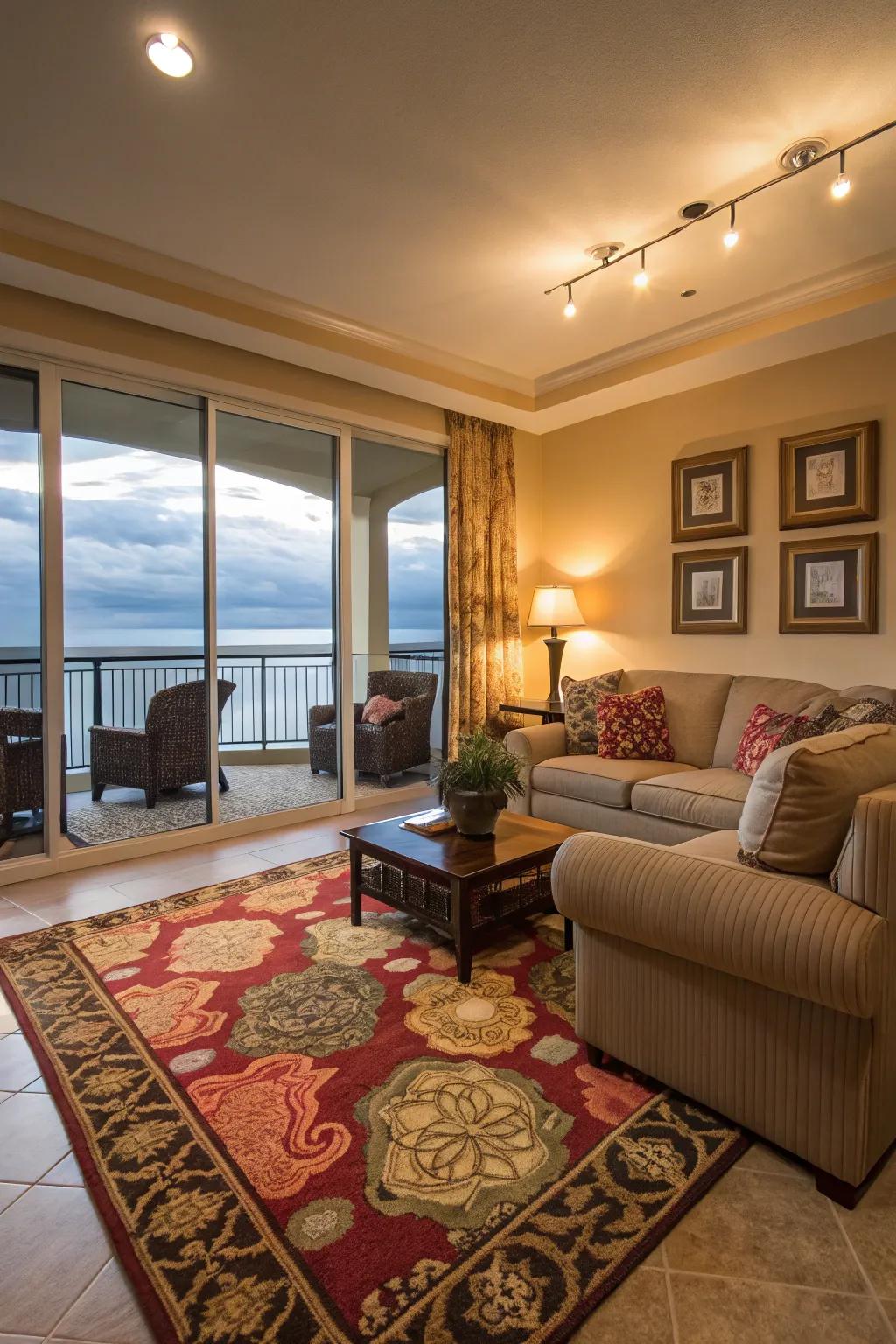 Floor rugs creating cozy zones in a condo living area.