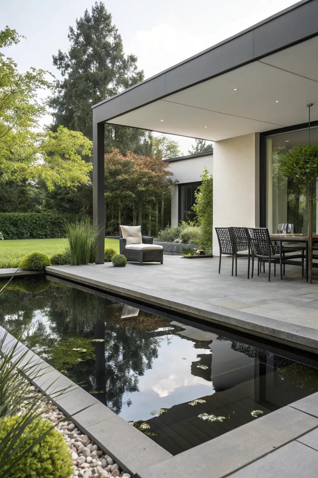 A reflecting pool adding elegance and tranquility to a patio.