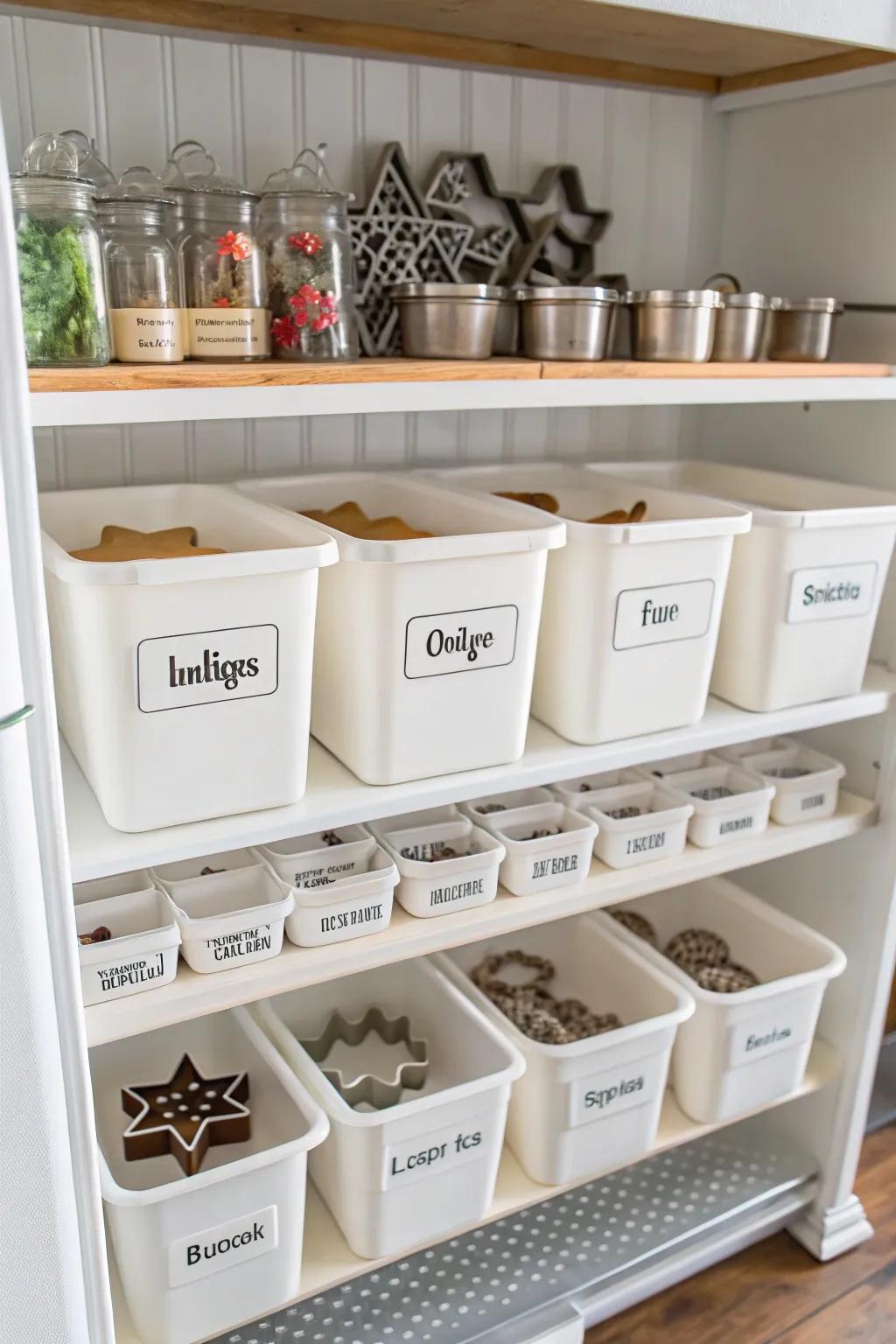 Marked containers sorting cookie embossers by theme.