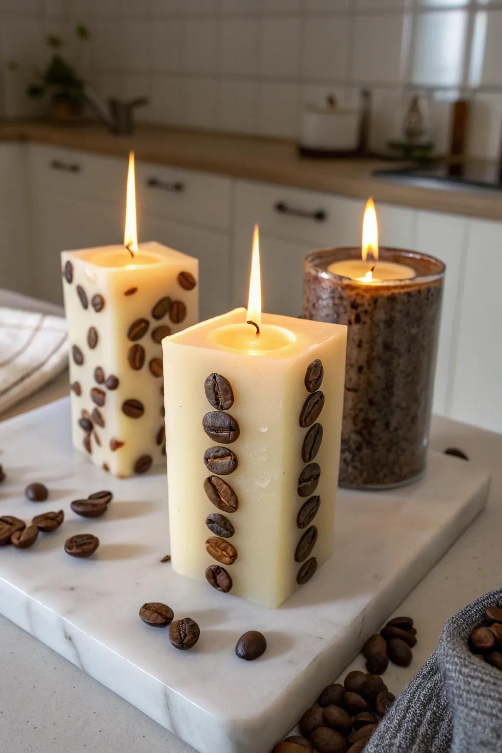 Coffee grain candles present a warm, inviting scent.
