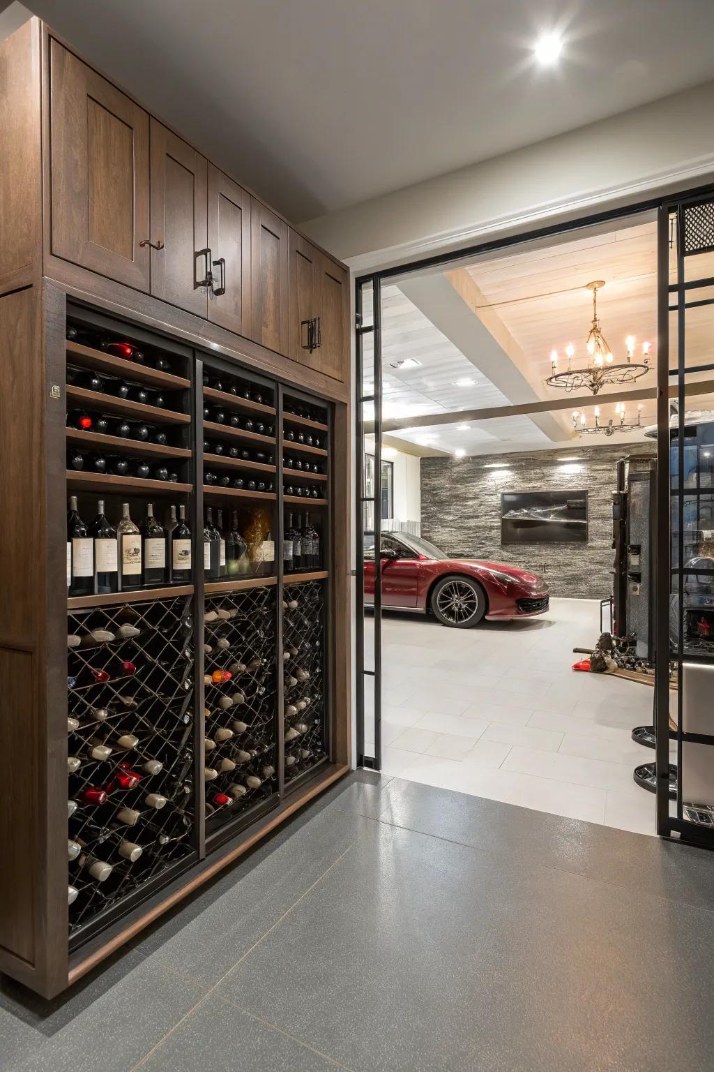 A sophisticated wine cellar within a garage setting.