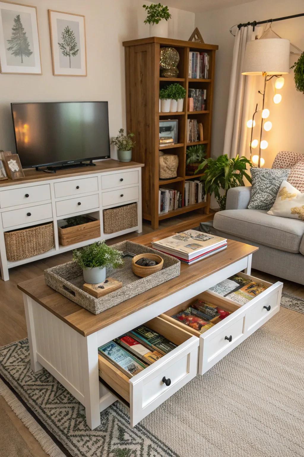 Smart storage solutions maintain a tidy and stylish living room.