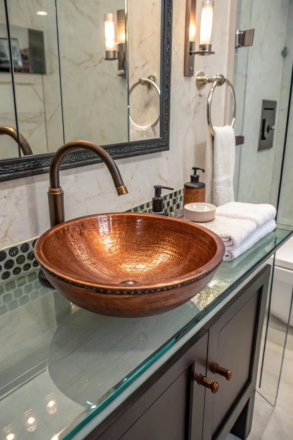 This bathroom achieves a sophisticated and unique vibe through its unexpected combination of materials.