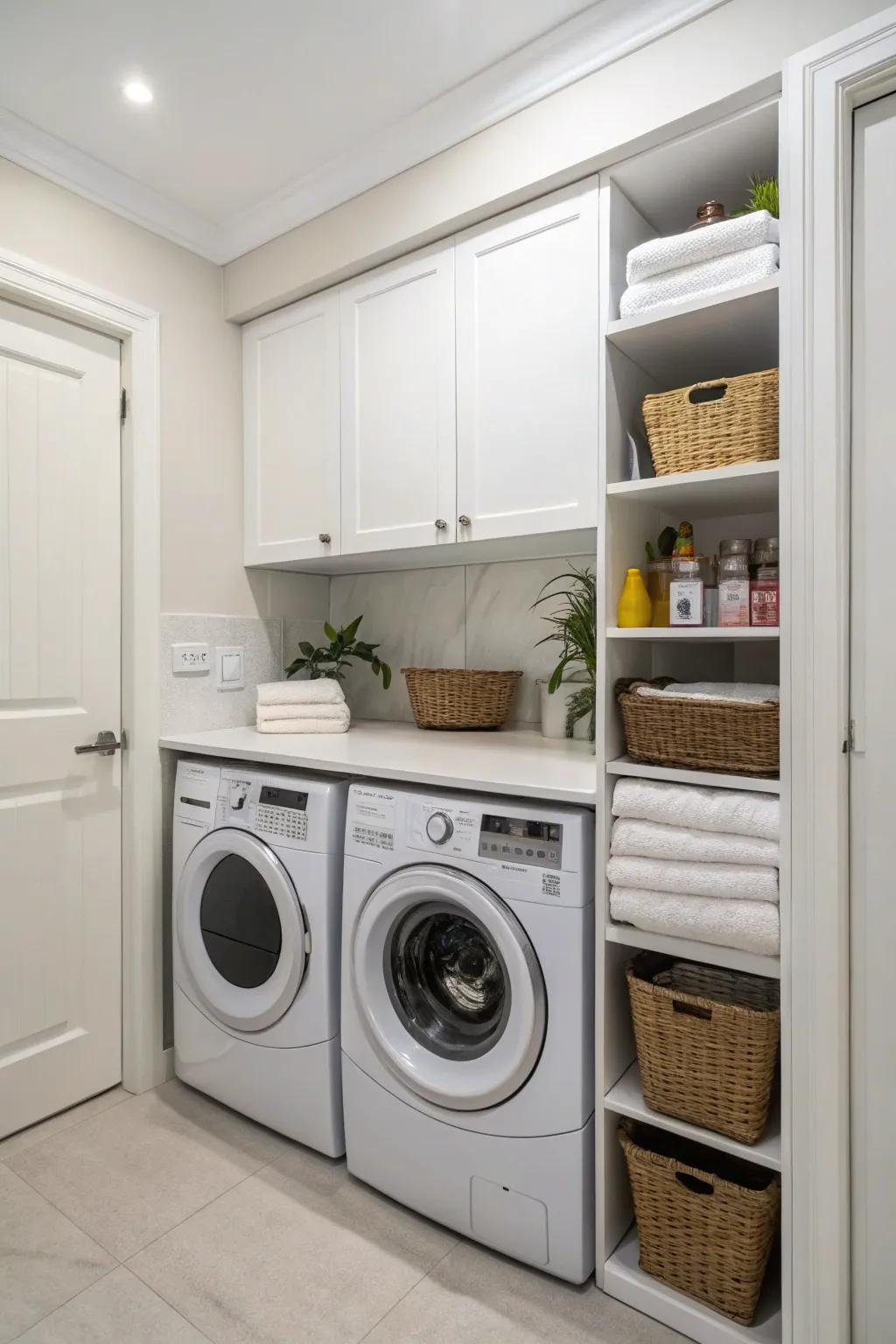 A corner laundry solution combines practicality with style.