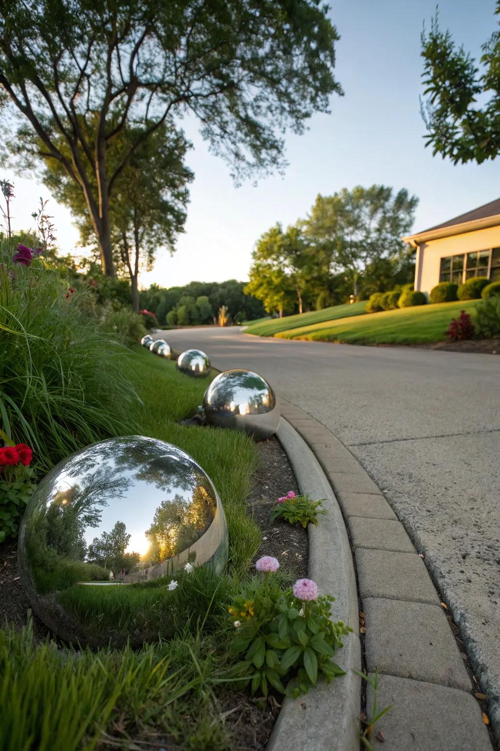 Mirrored gazing globes creating a sense of space and adding a playful touch.