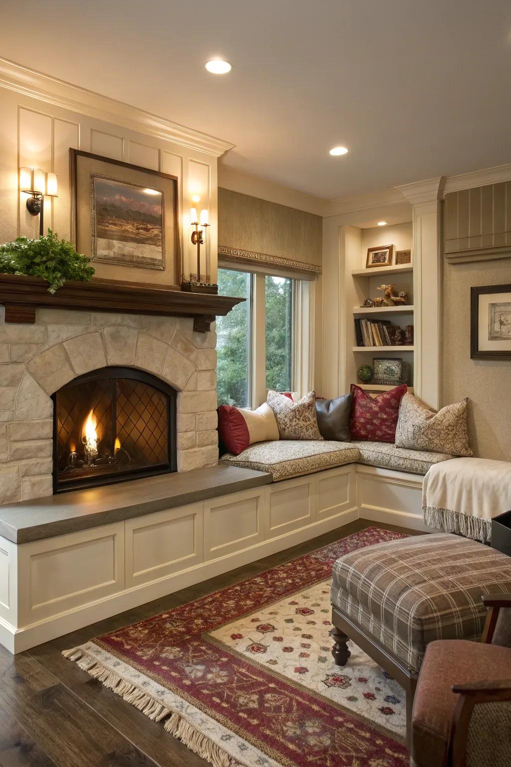 Built-in seating cultivating a warm gathering spot surrounding a corner fireplace.