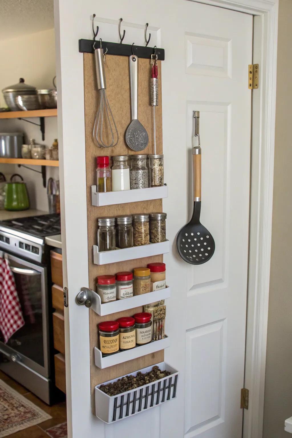 Magnetic strips on a corner pantry door, adding extra storage space.