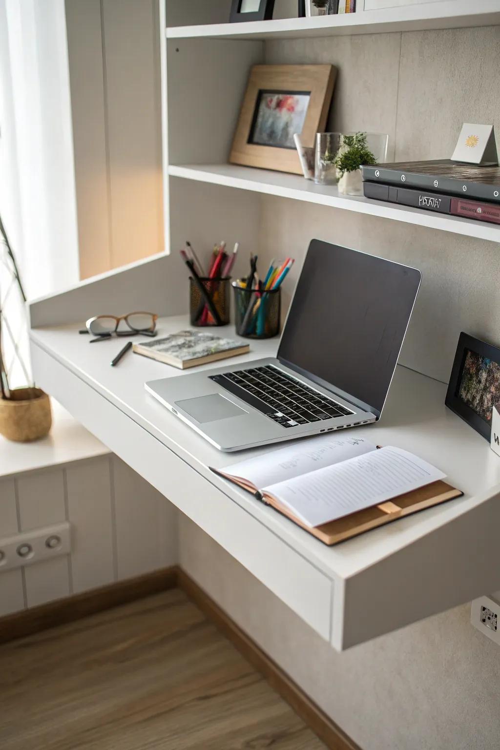 A corner shelf functioning as a floating desk.