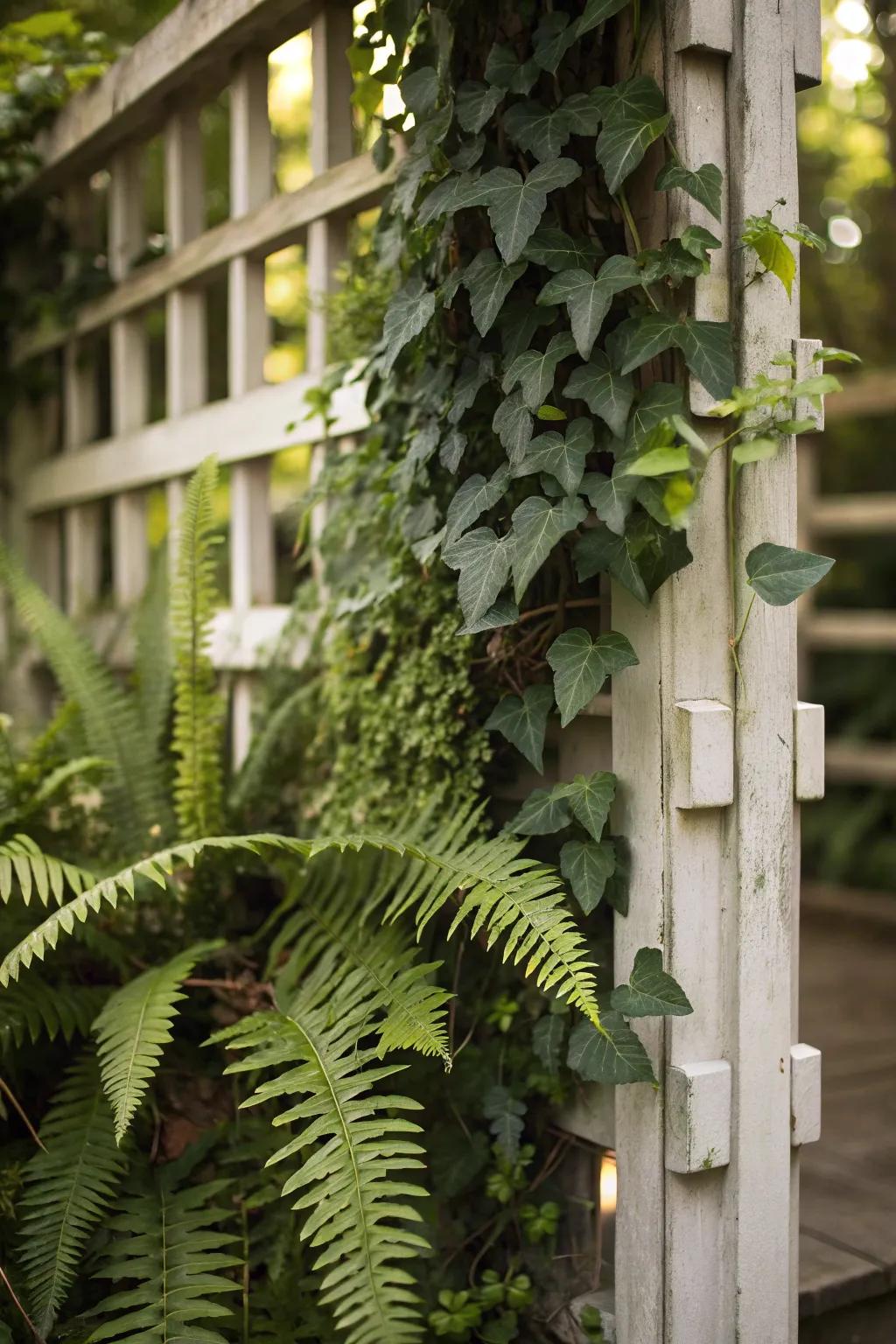 A textured display of ferns and ivy on a trellis.