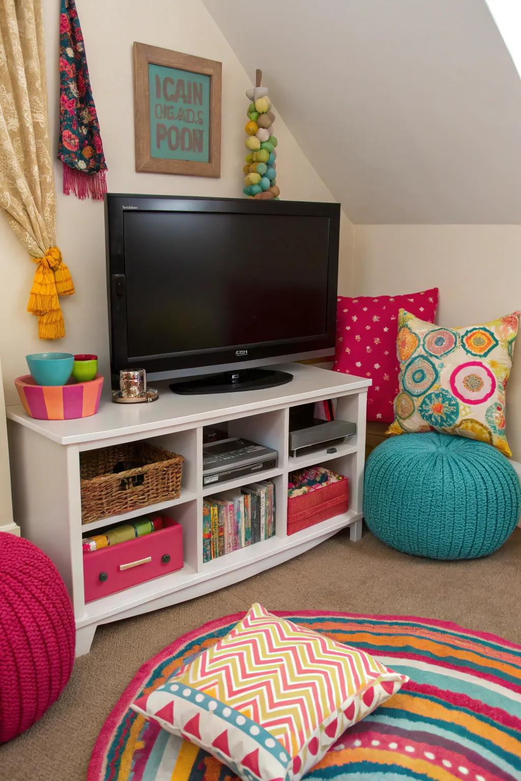 A pop of color breathes life into a corner TV area, making it a lively focal point.