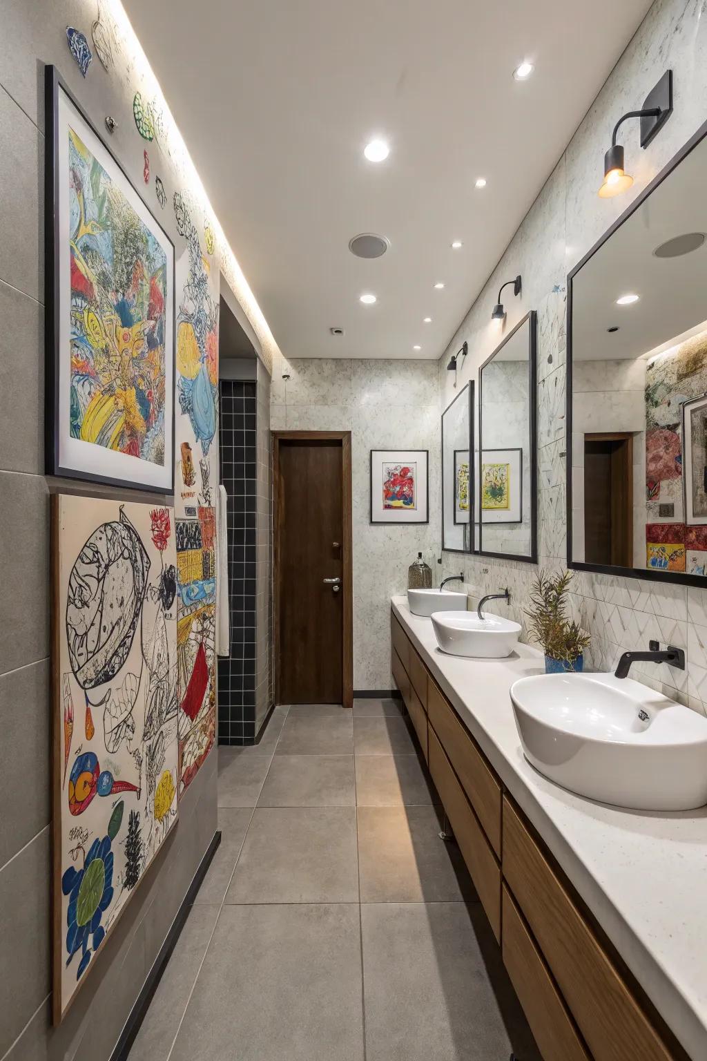 Artwork injecting personality into a cottage bathroom