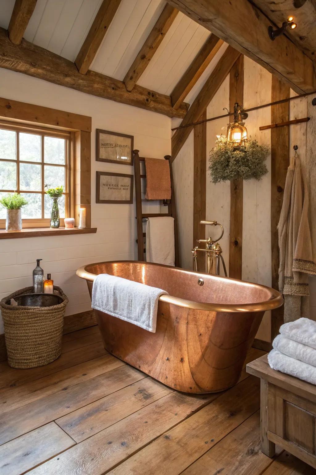 A copper bathtub serves as a luxurious focal point in this country bathroom.