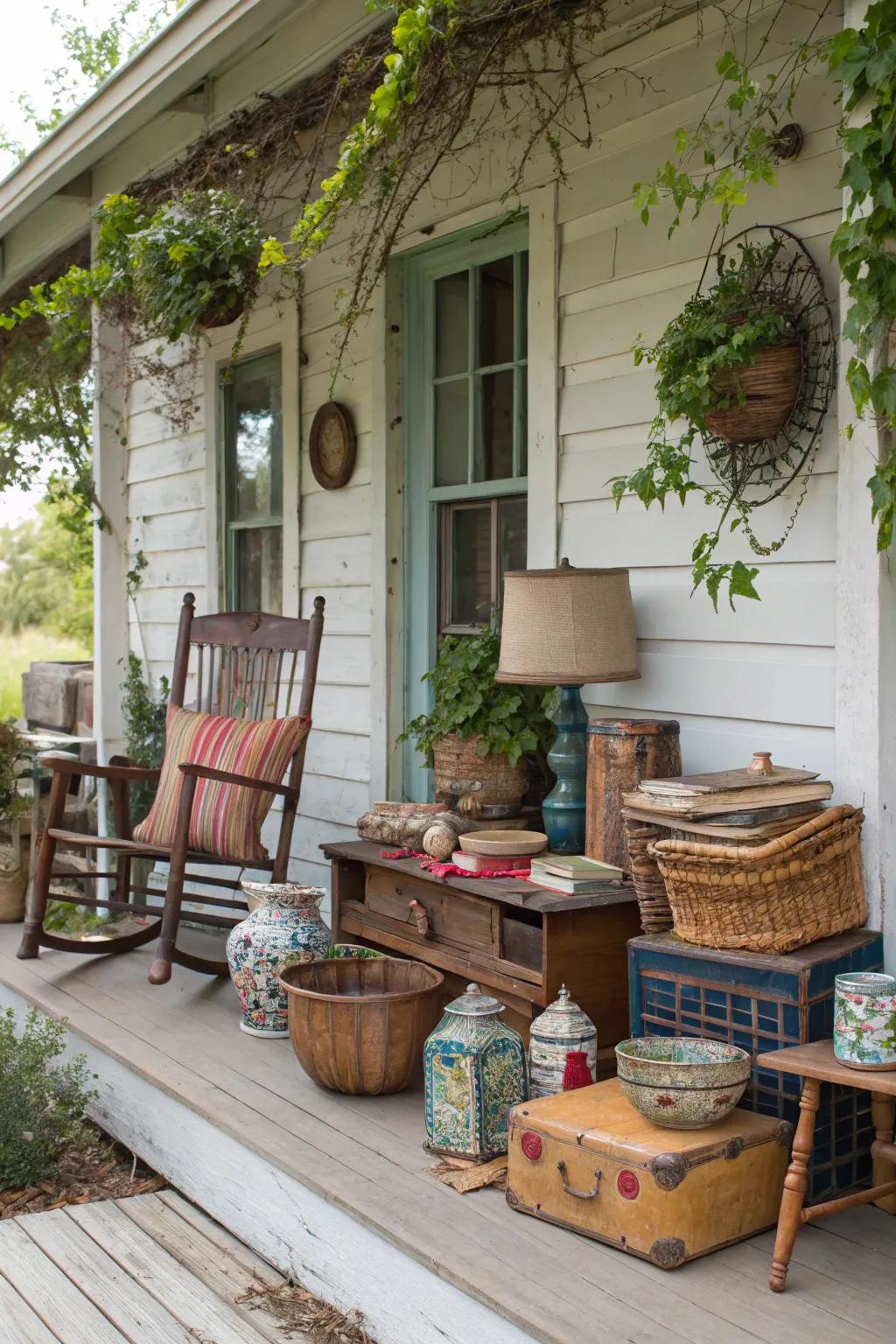 Vintage finds from flea markets bring character to this porch.