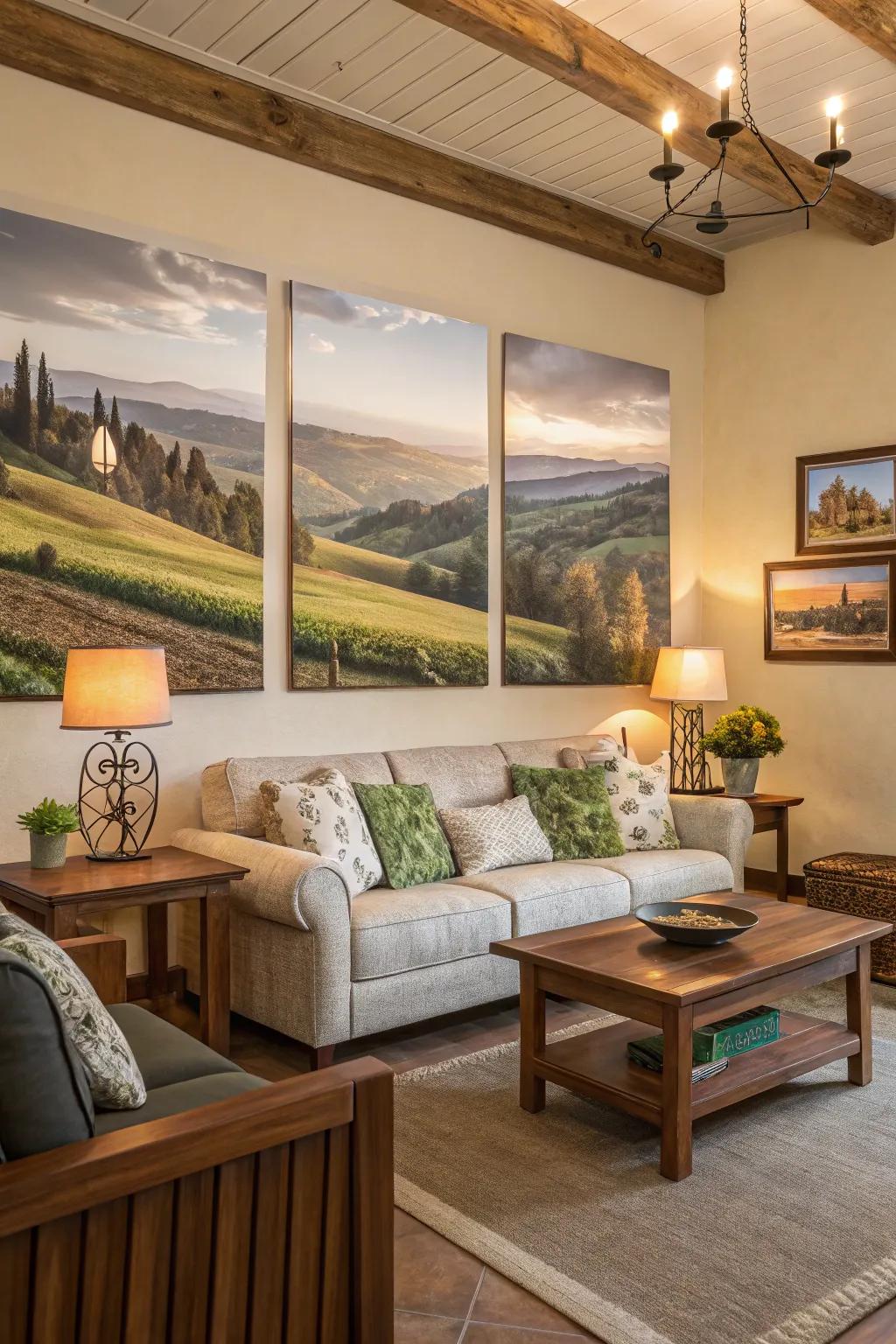 Country-themed art introduces the splendor of rural landscapes indoors.