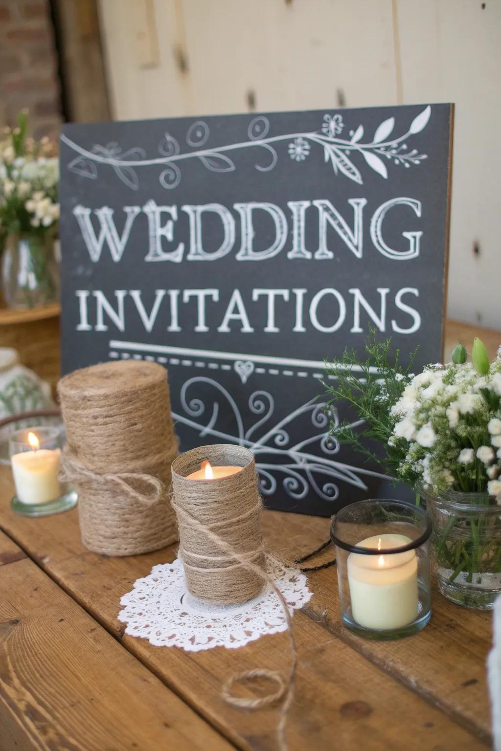 Unrefined wedding announcements featuring a charming chalkboard theme.