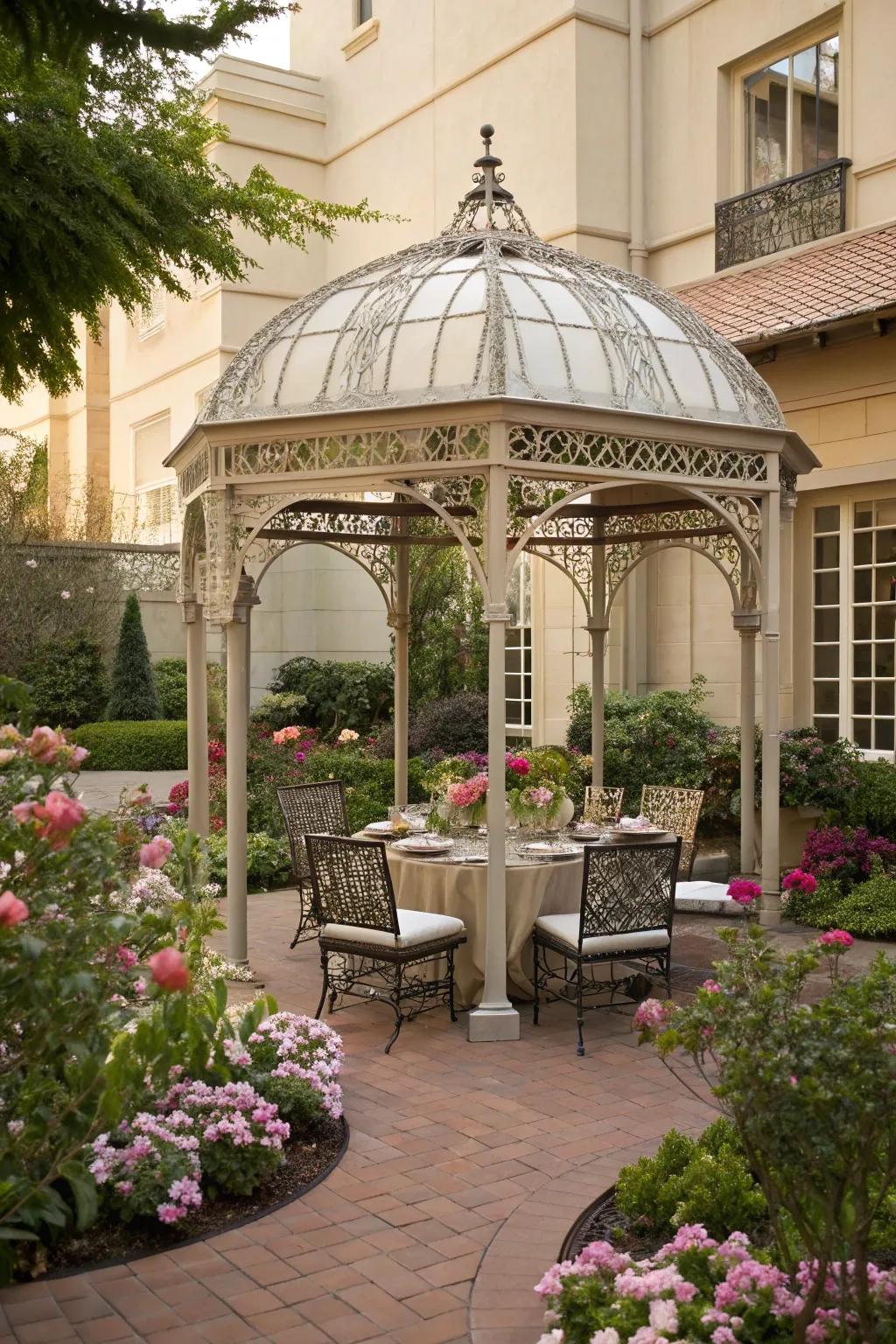 A gazebo provides a multi-purpose shaded area in the courtyard.