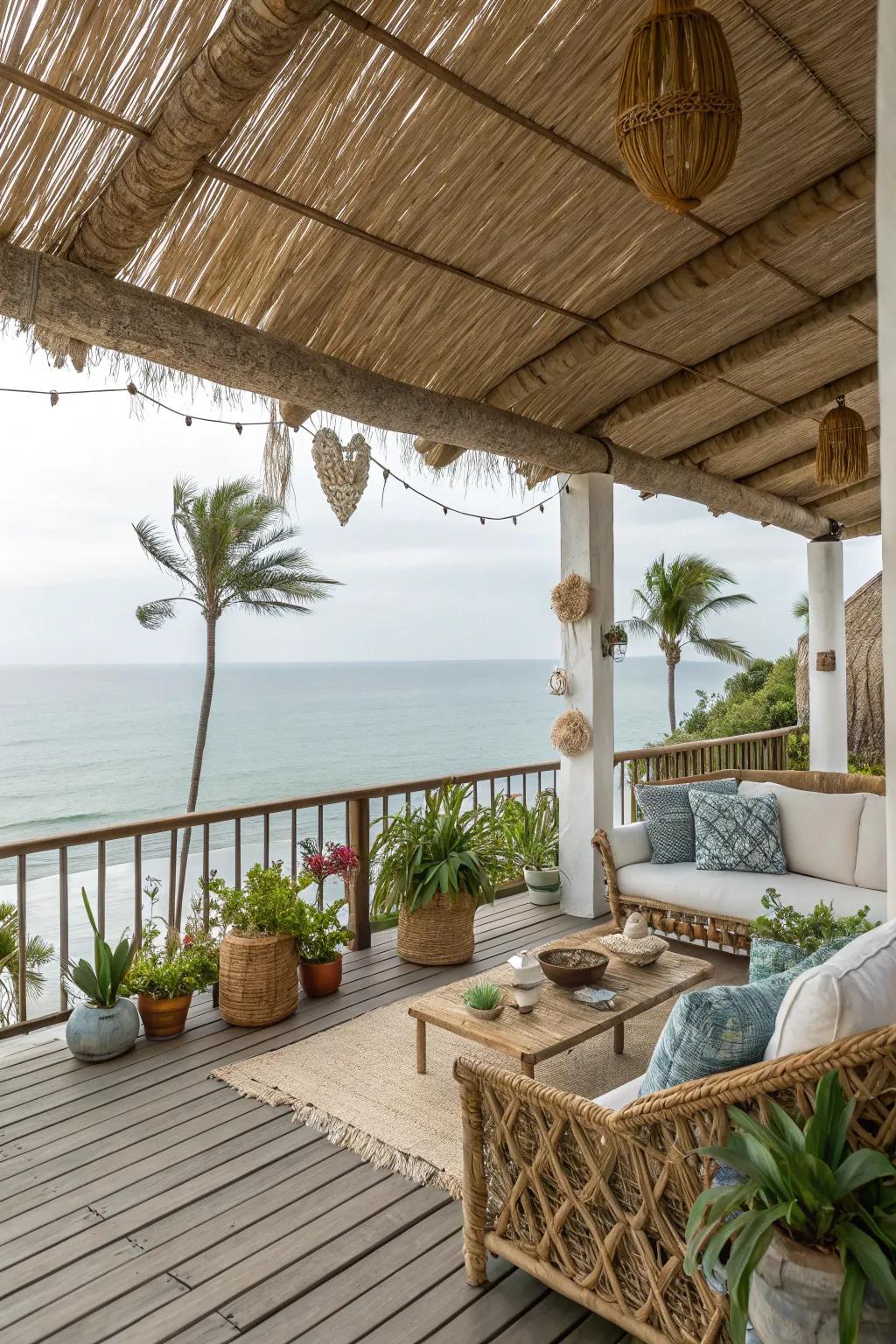 A relaxed reed-covered patio displaying a beachy ambiance.