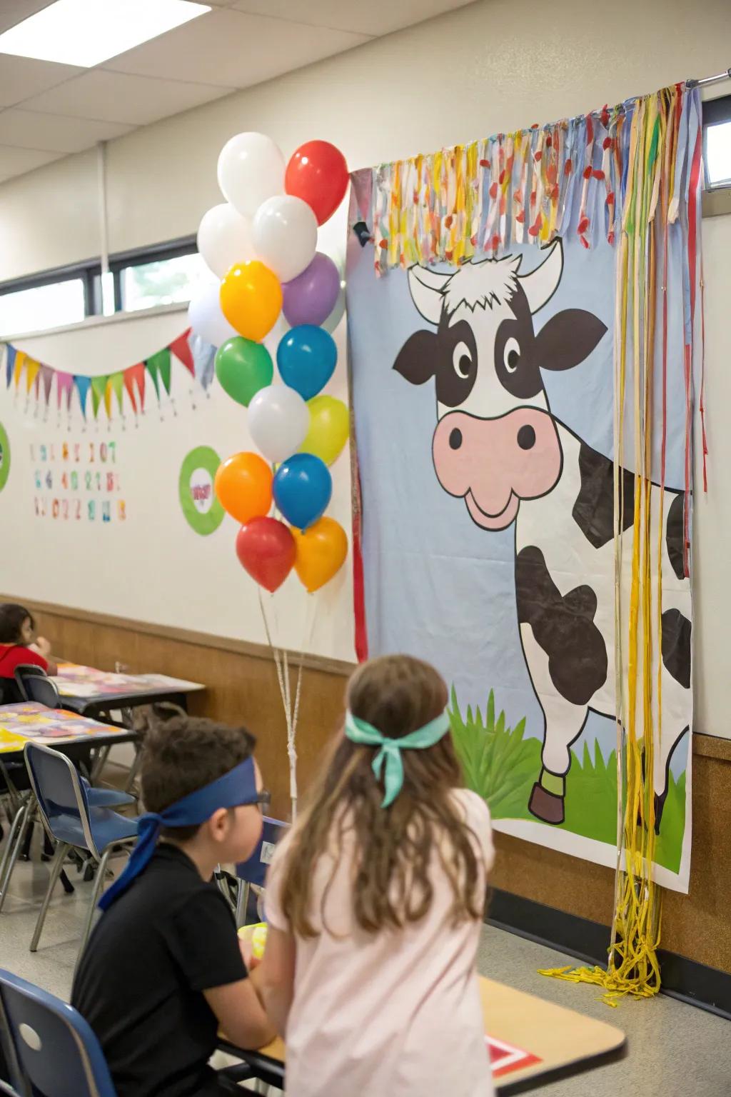 A 'Pin the Tail on the Cow' game setup for classroom fun