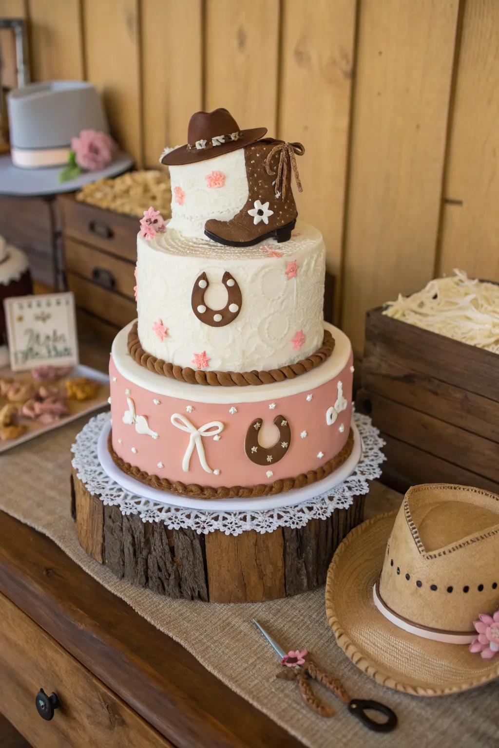 A rustic wood effect crafts a natural and earthy feel for this cowgirl cake.