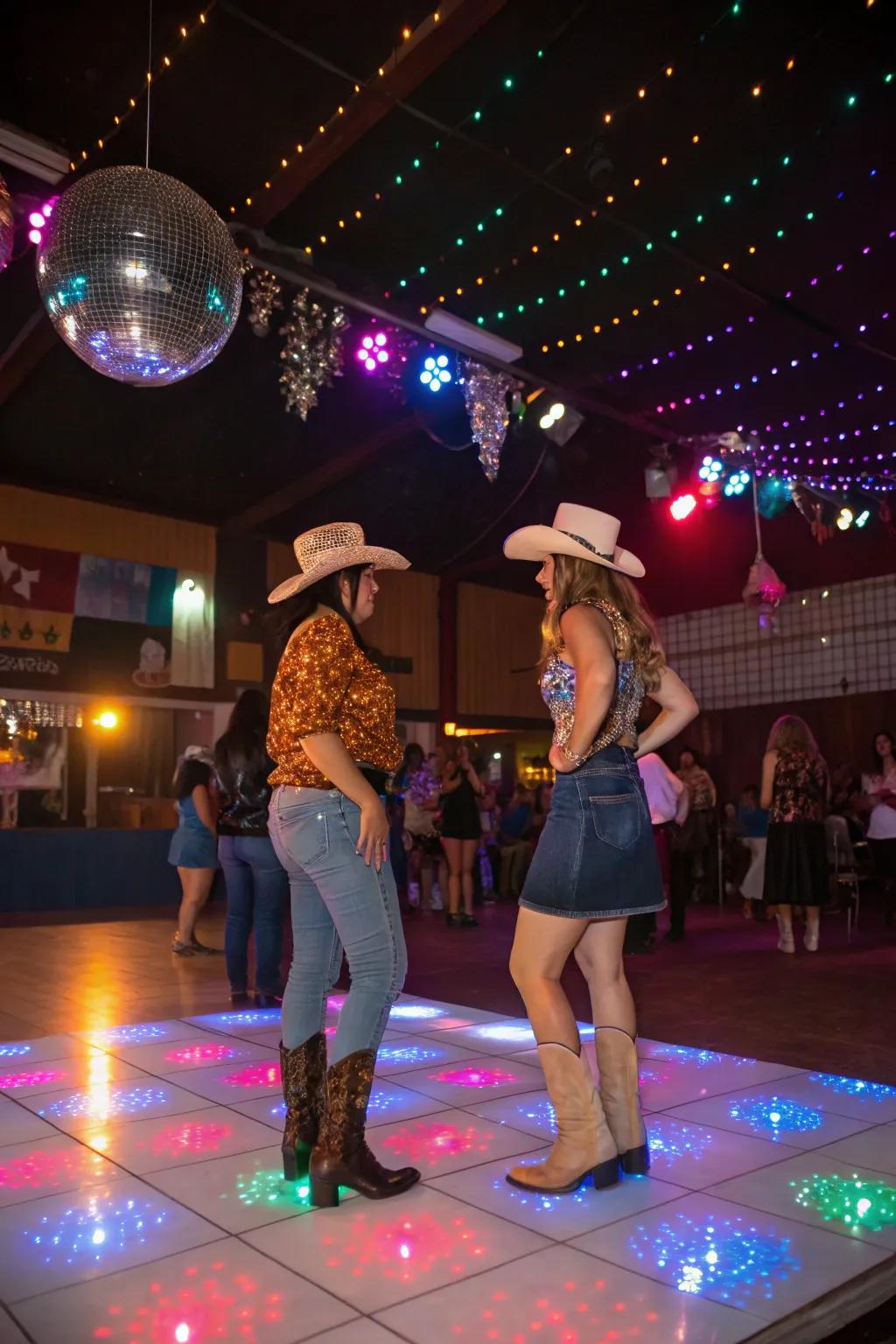 A disco cowgirl dance floor blends tradition with fun.