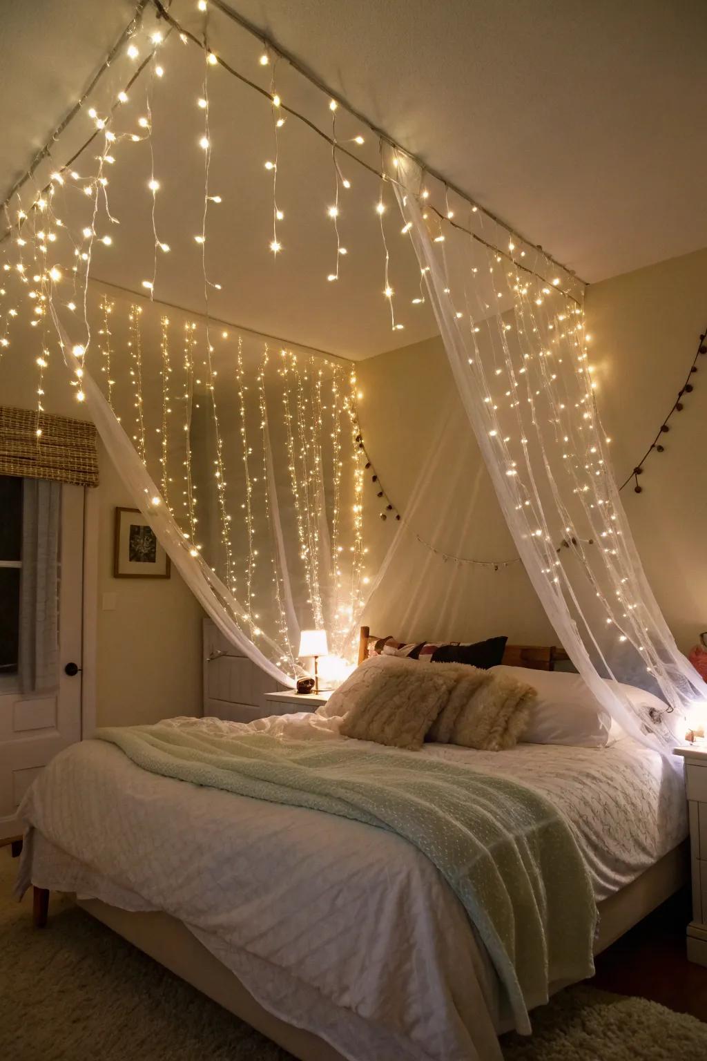 Twinkle lights attached under a bed.