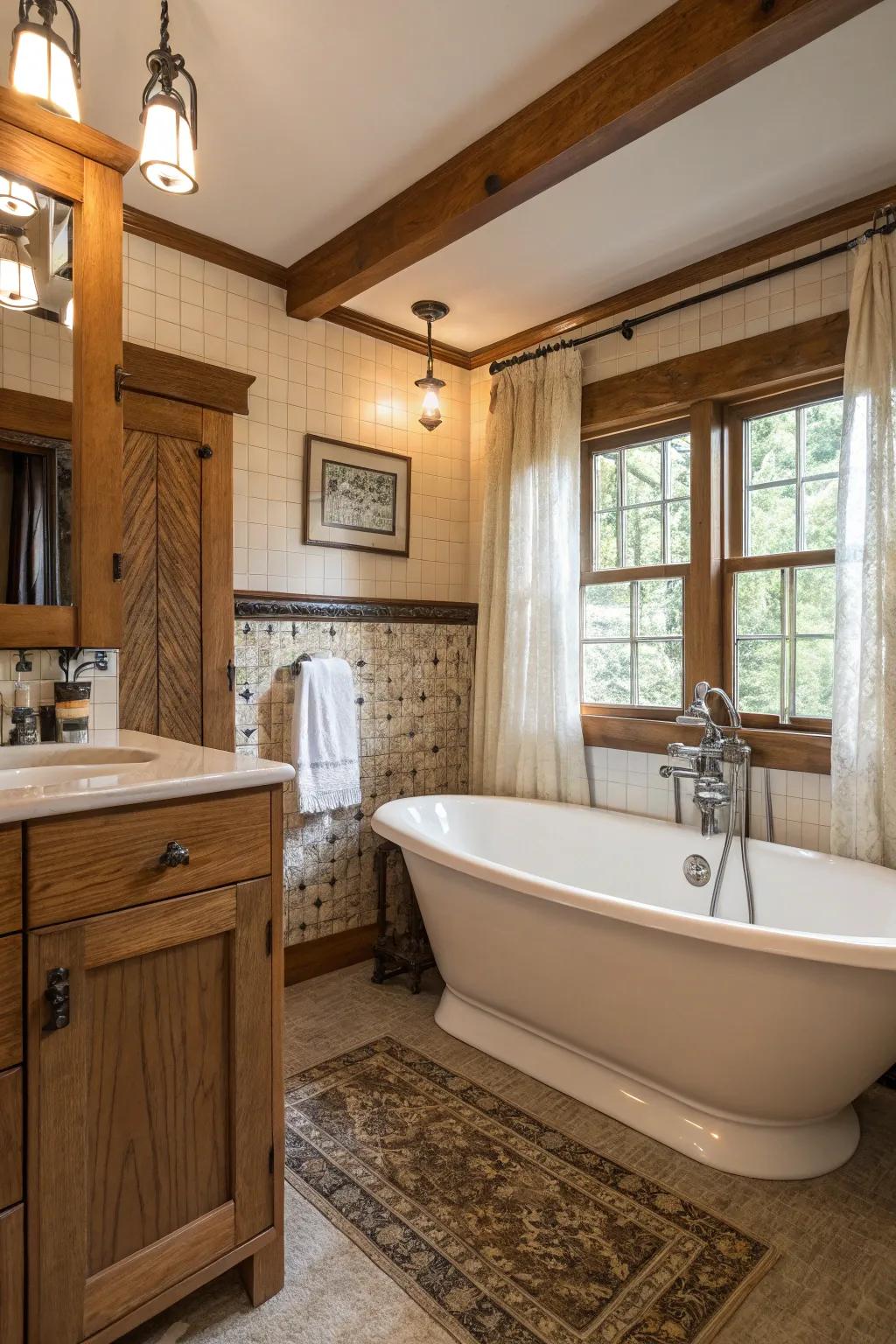 A separate bathtub providing elegance in the craftsman bathroom.