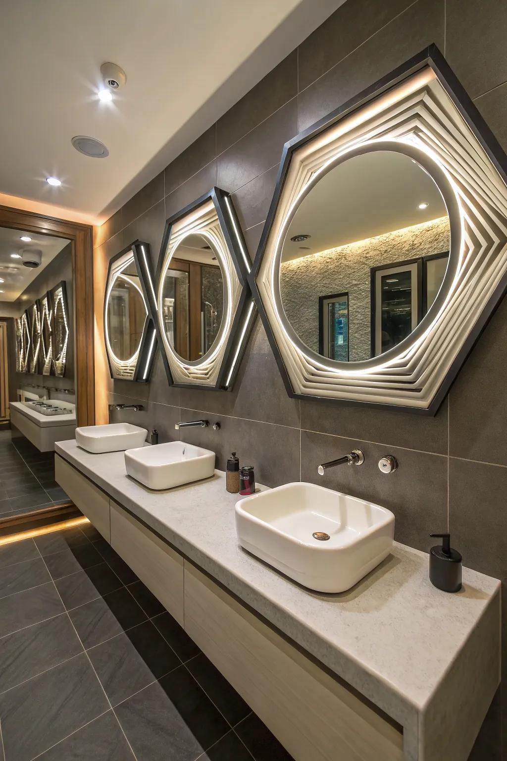 A bathroom designed with geometric mirrors to amplify the room’s openness.