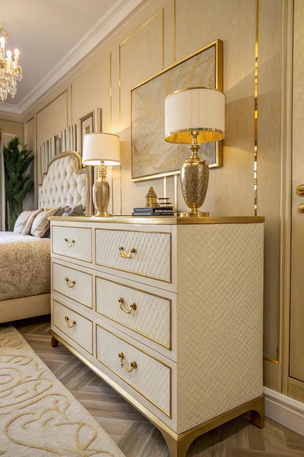 Gilded hardware upgrades include a touch of glam to bedroom furniture.