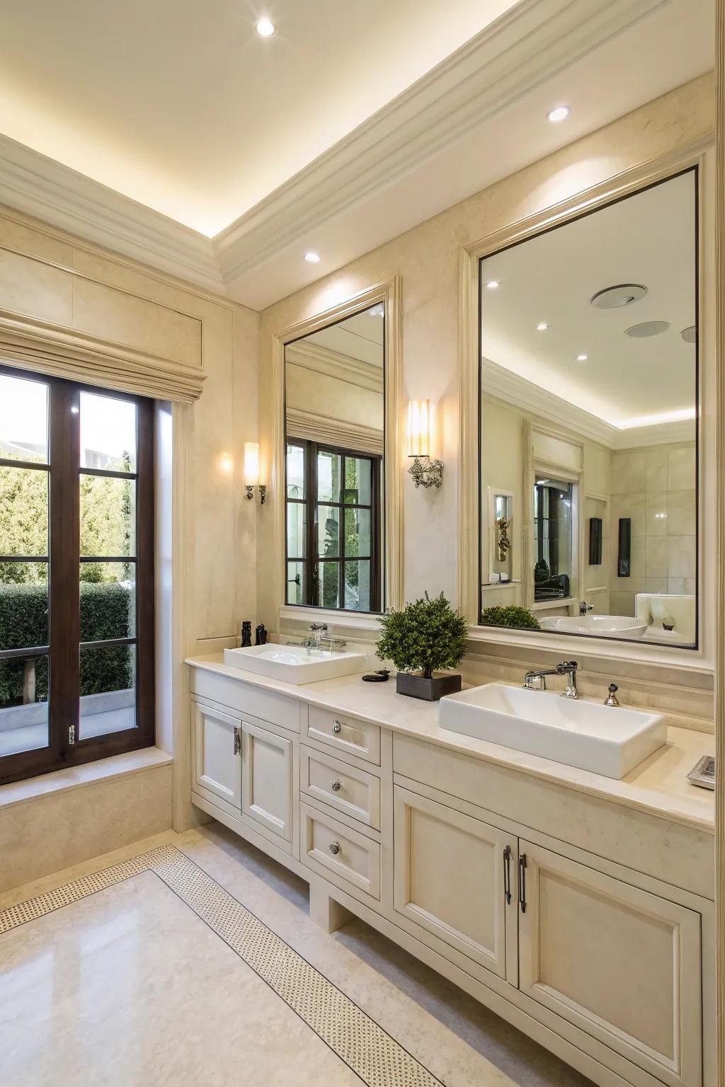 Reflective panes make this cream bathroom feel more spacious.