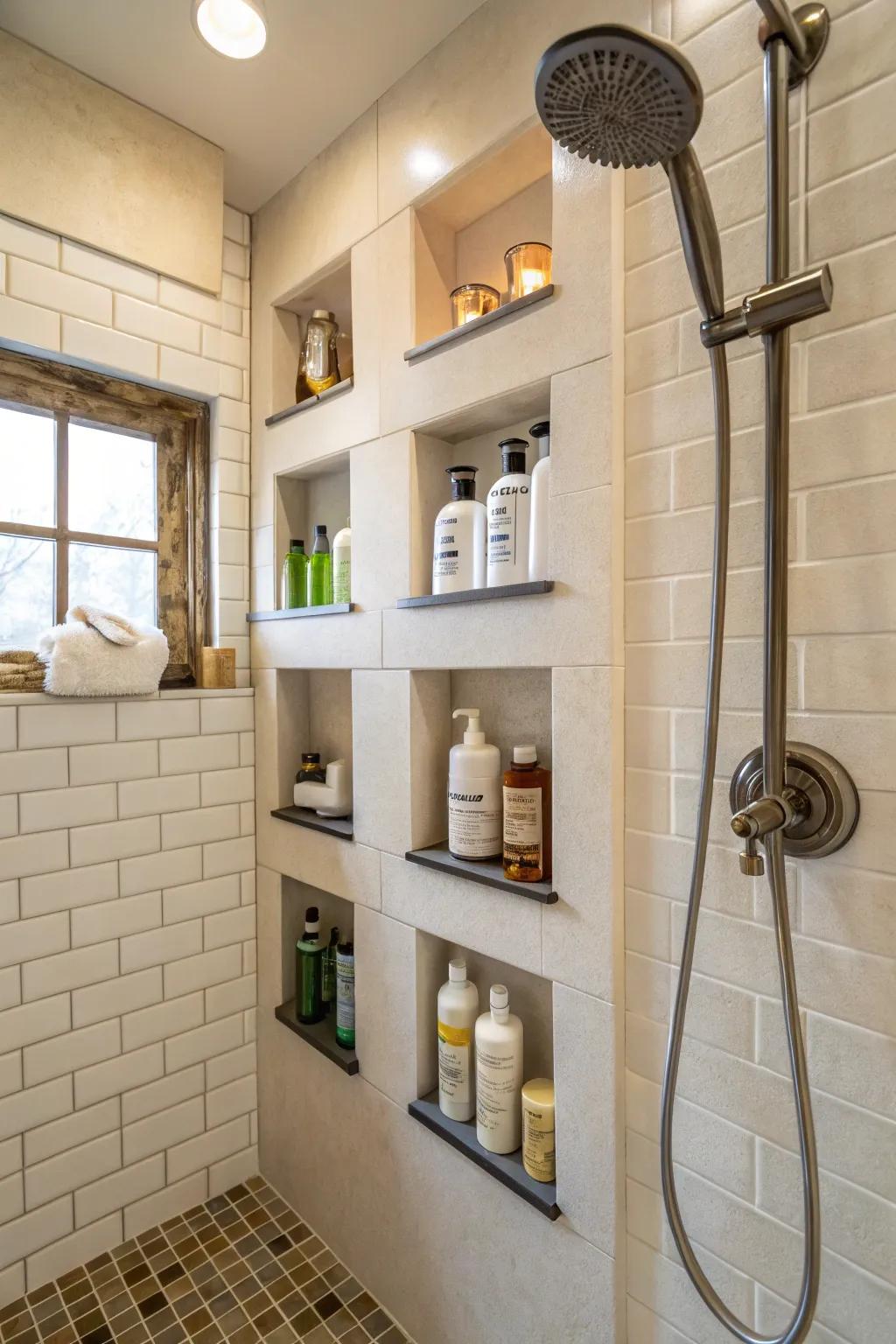 Wall niches feature sleek and practical built-in storage.