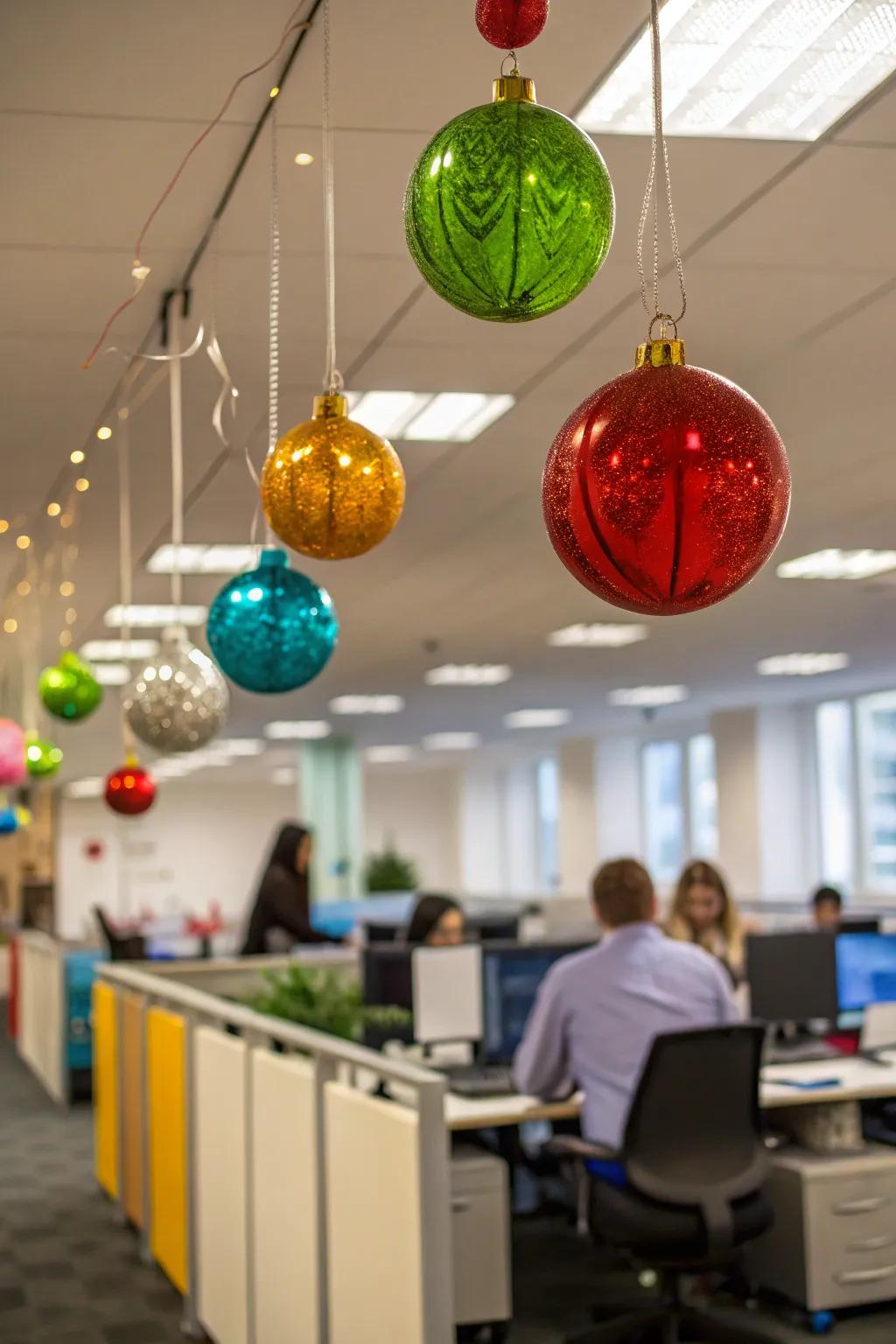 Hanging baubles create a floating festive atmosphere.
