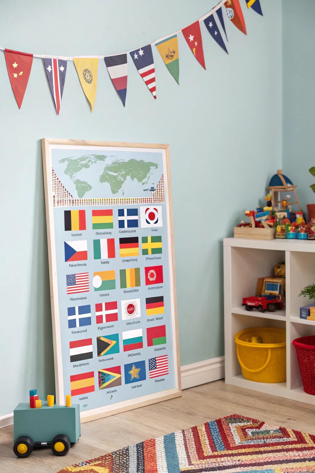 World flags bring color and curiosity to any space.