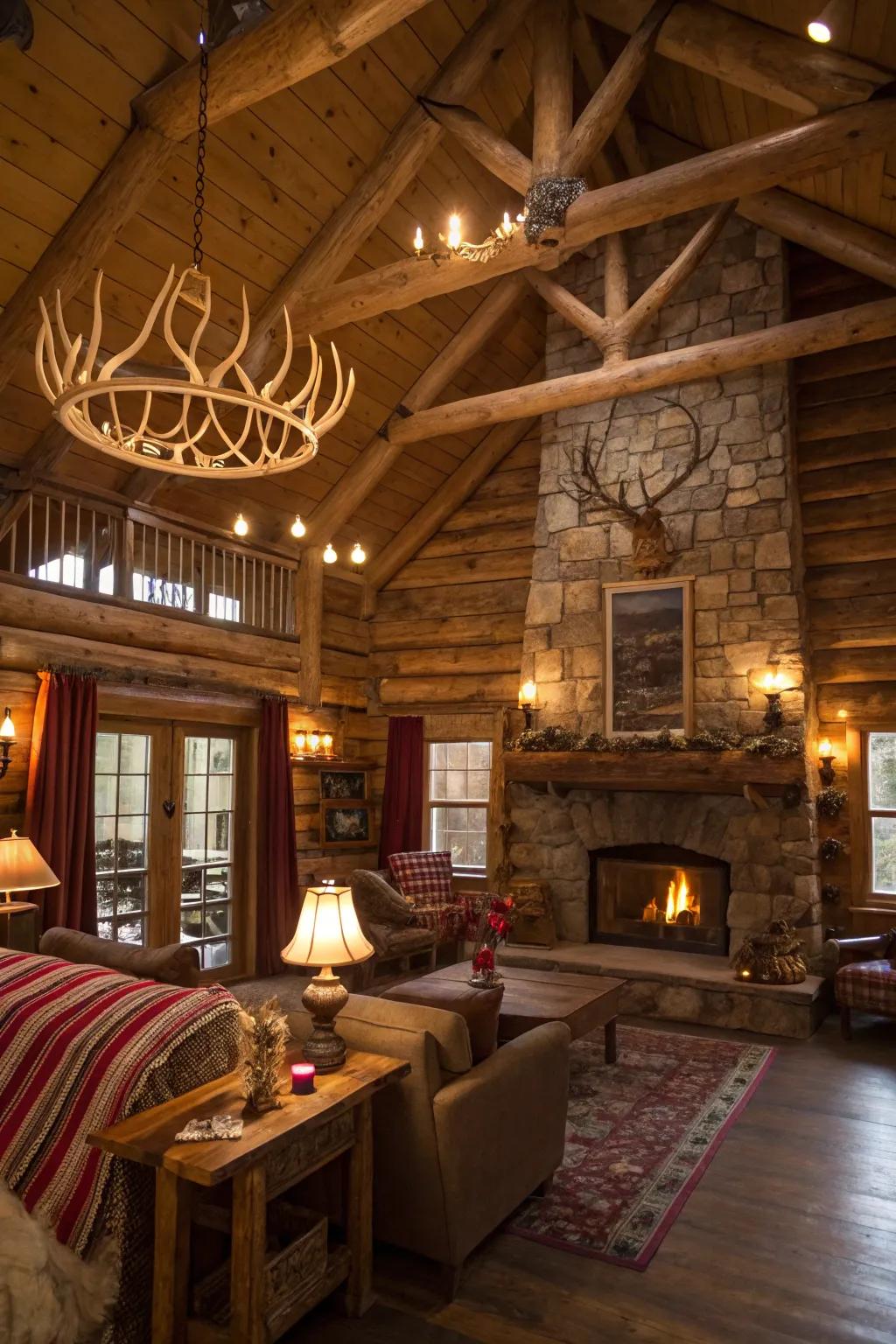Antlers as curtain rods create a unique, rustic charm.