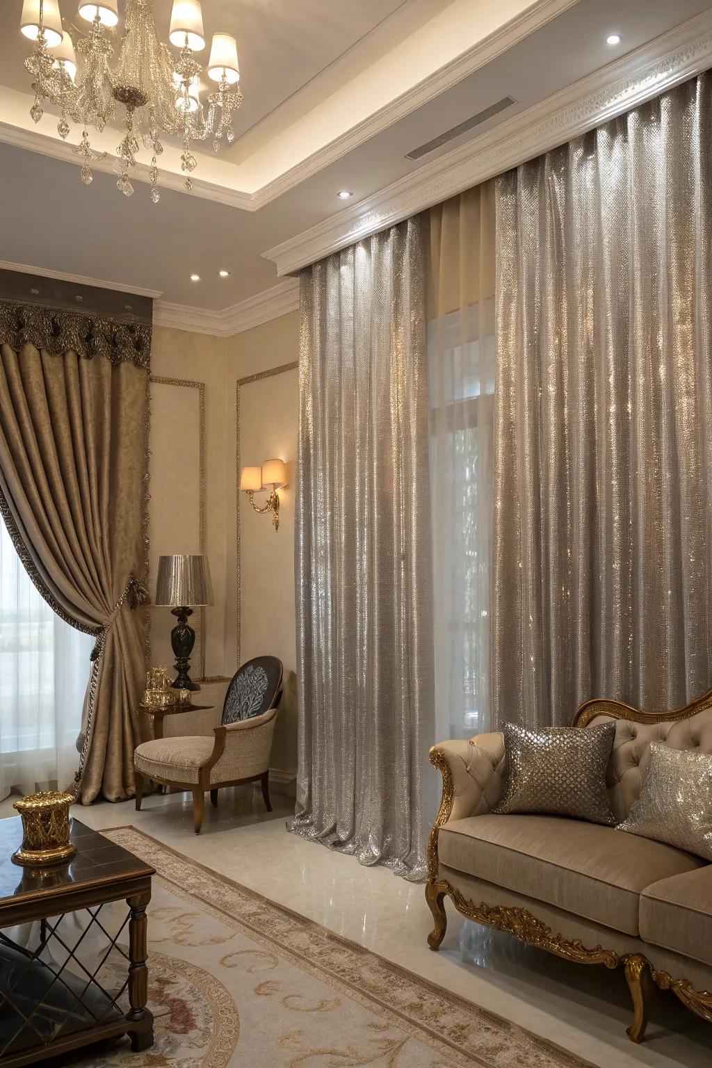 Metallic window coverings bring a glamorous and reflective quality.