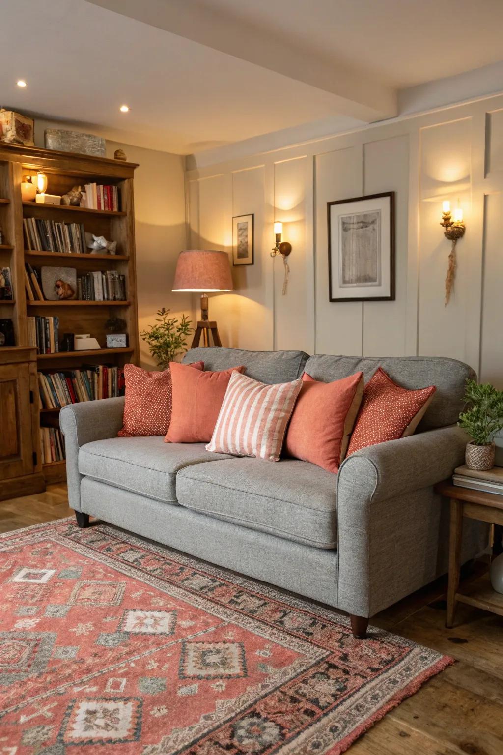 Coral cushions offer a warm and inviting element to a grey sofa.