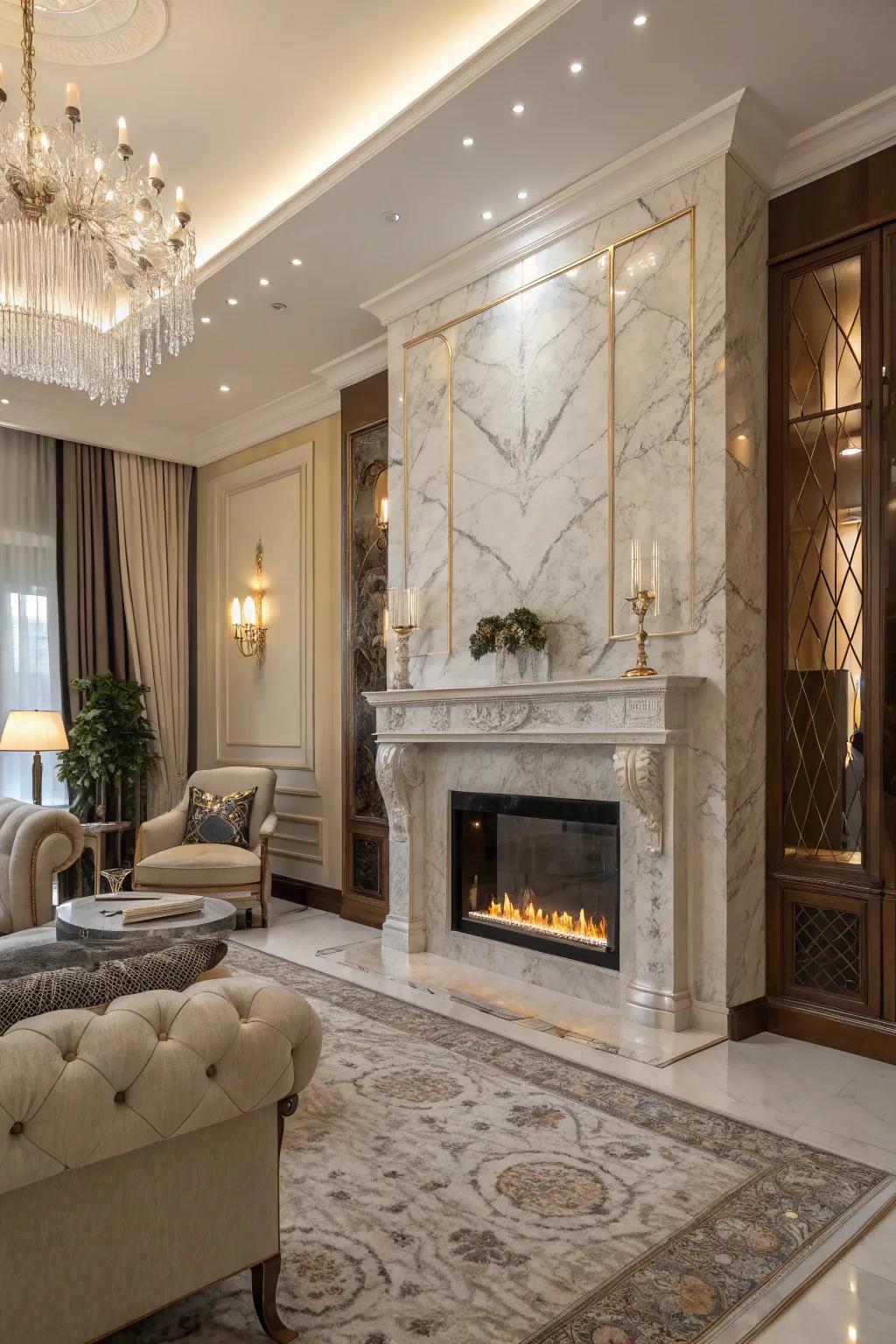 A glamorous marble fireplace adds luxury to any room.