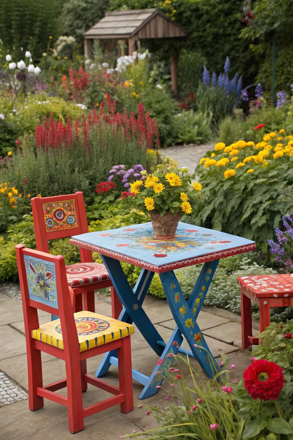 Painted furniture delivers a vibrant and playful feeling to your garden.