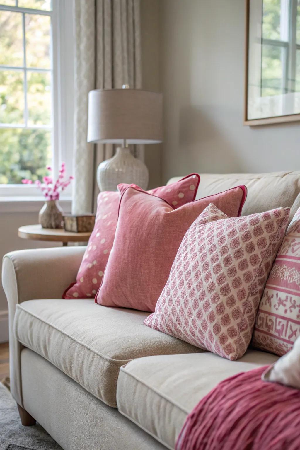 Roseate throw pillows add versatility and flair to the sofa.